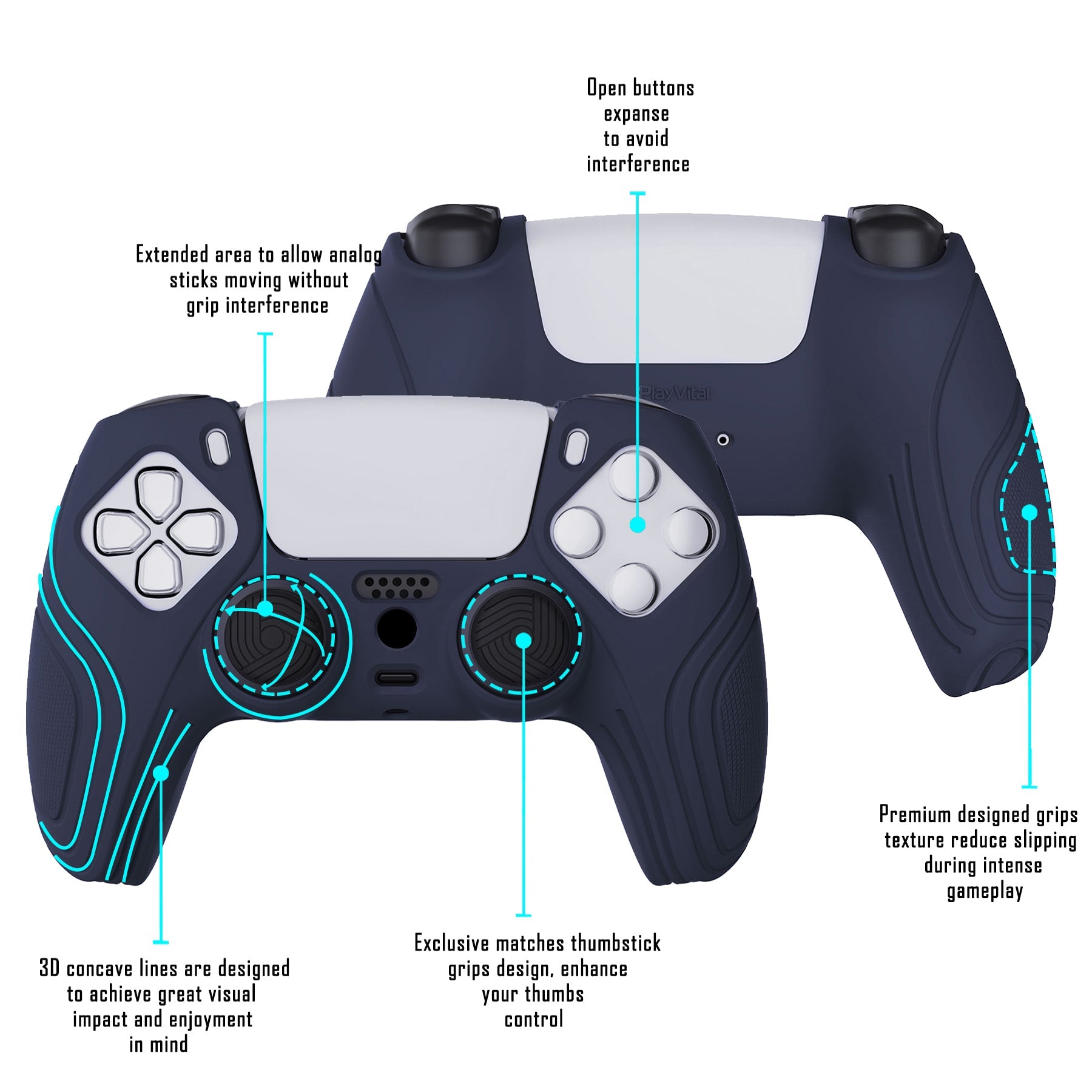 PlayVital Samurai Edition Anti-Slip Silicone Cover Skin with Thumb Grip Caps for PS5 Wireless Controller - Midnight Blue - BWPF003 PlayVital