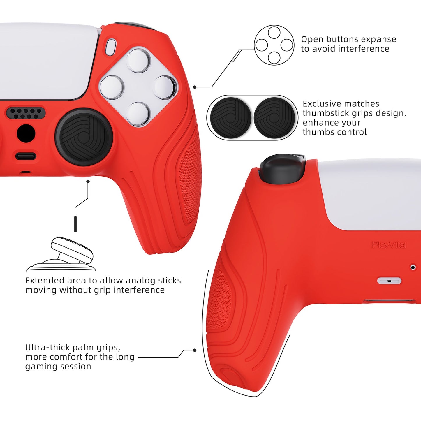 PlayVital Samurai Edition Anti-Slip Silicone Cover Skin with Thumb Grip Caps for PS5 Wireless Controller - Passion Red - BWPF012 PlayVital