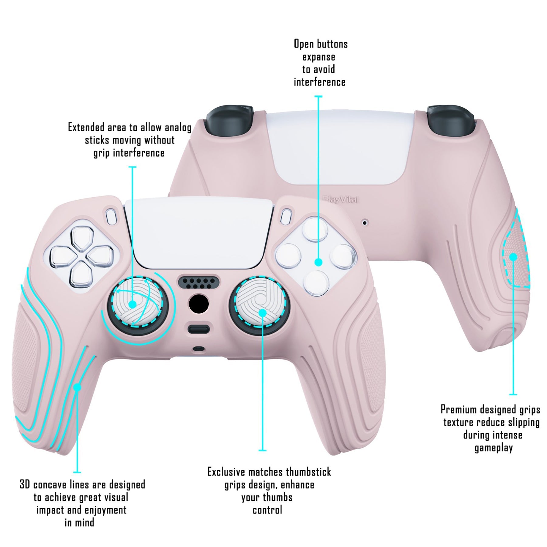 PlayVital Samurai Edition Anti-Slip Silicone Cover Skin with Thumb Grip Caps for PS5 Wireless Controller - Pink - BWPF005 PlayVital