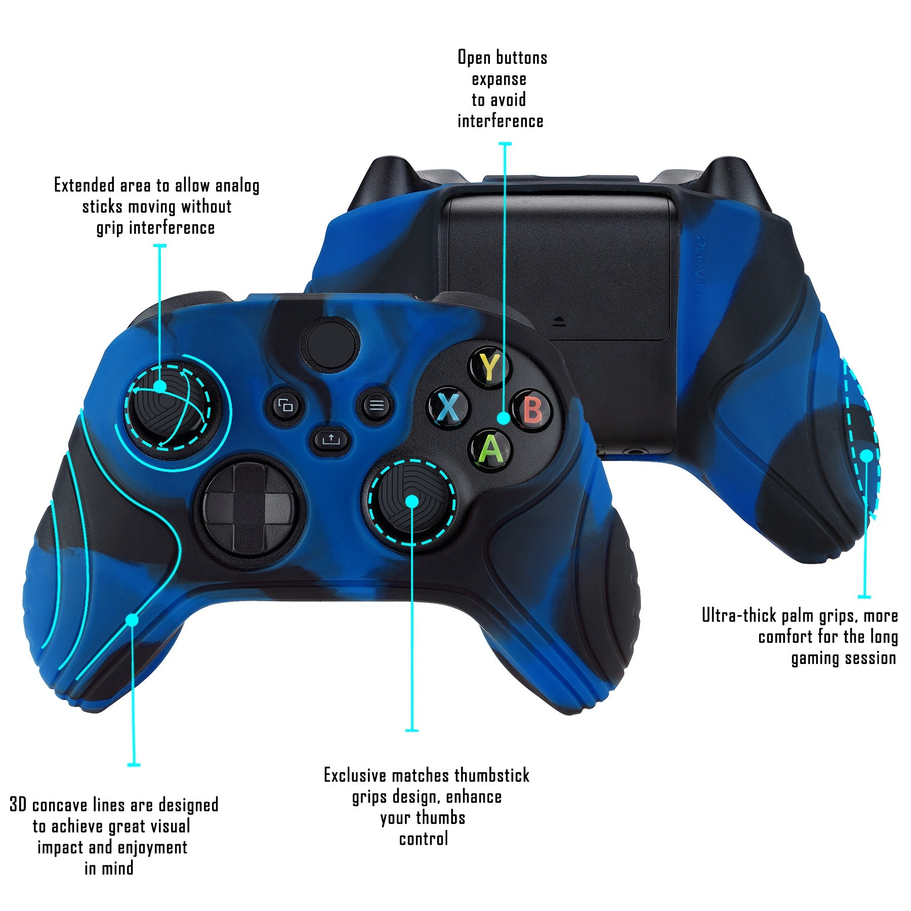 PlayVital Samurai Edition Anti-slip Controller Grip Silicone Skin for Xbox Core Controller, Ergonomic Protective Case Cover for Xbox Series S/X Controller w/ Thumb Grips - Black & Blue - WAX3022 PlayVital