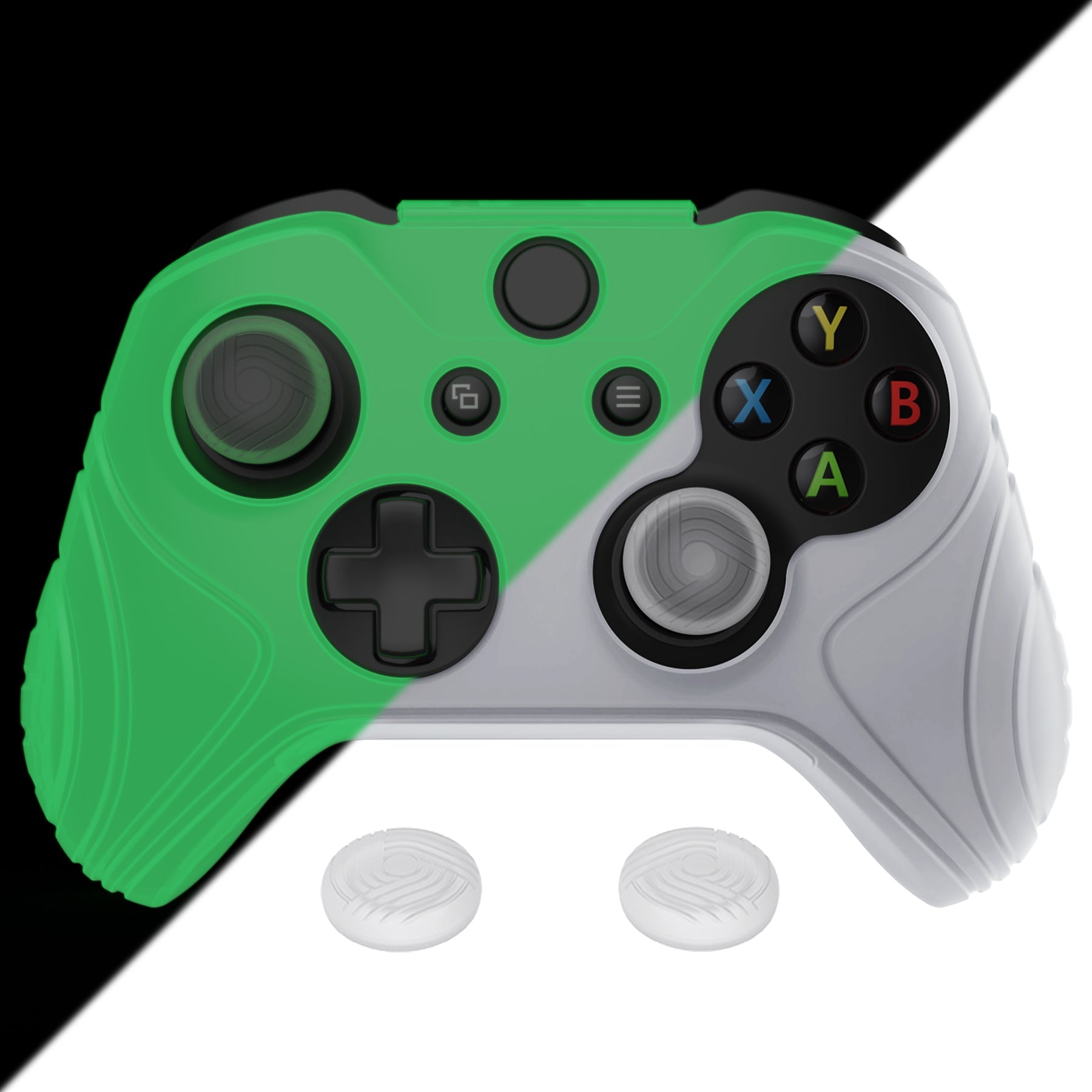 PlayVital Samurai Edition Glow in Dark - Green Anti-Slip Controller Grip Silicone Skin for Xbox One X/S Controller, Ergonomic Soft Rubber Protective Case Cover for Xbox One S/X Controller with Black Thumb Stick Caps - XOQ045 playvital