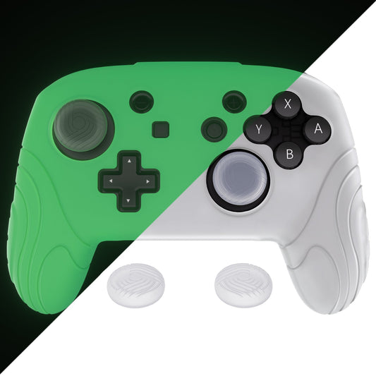 PlayVital Samurai Edition Ergonomic Anti-slip Silicone Skin Protective Case with Thumb Grip Caps for Nintendo Switch Pro Controller - Glow in Dark - Green - EBNPP007 PlayVital