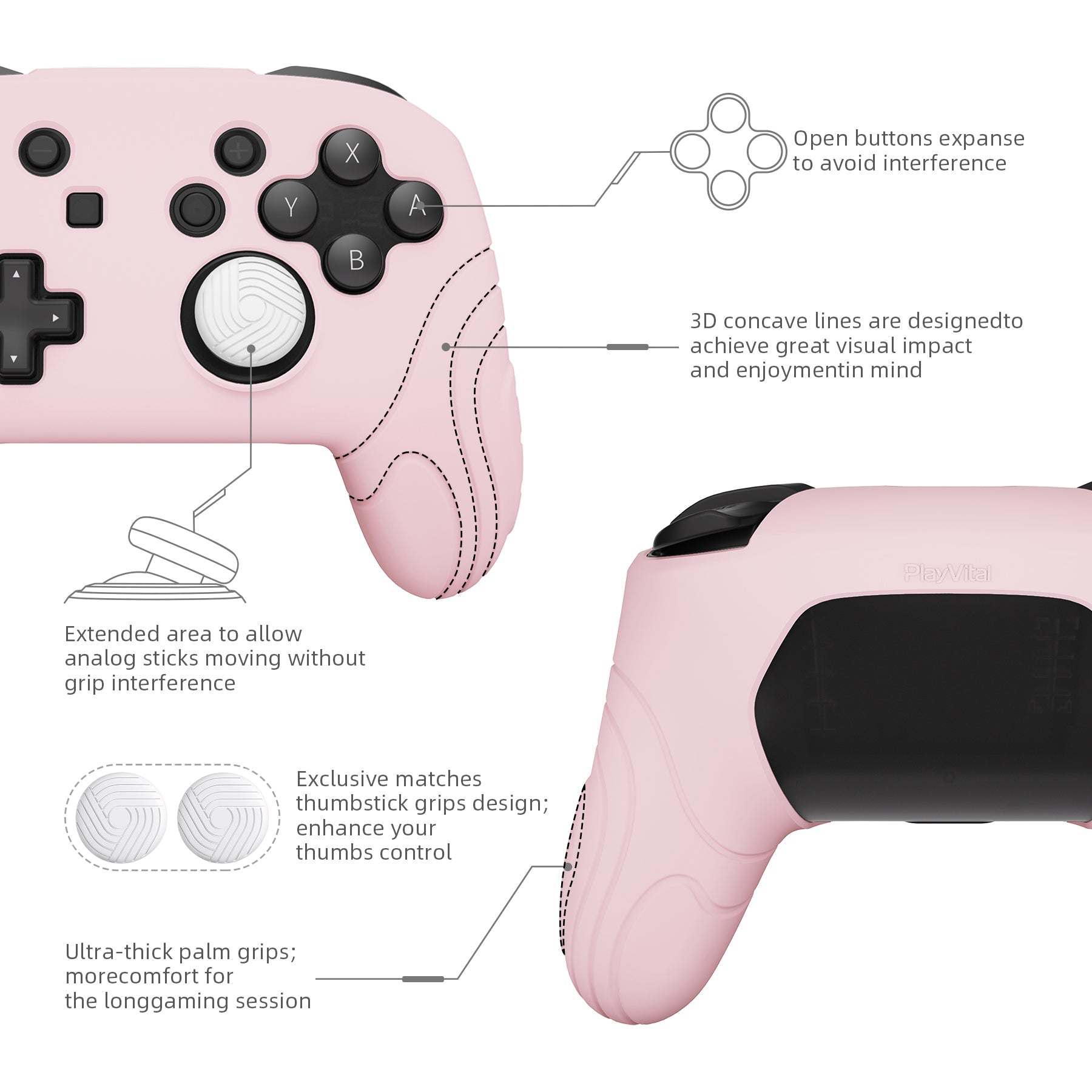 PlayVital Samurai Edition Ergonomic Anti-slip Silicone Skin Protective Case with Thumb Grip Caps for Nintendo Switch Pro Controller - Cherry Blossoms Pink - EBNPP011 PlayVital