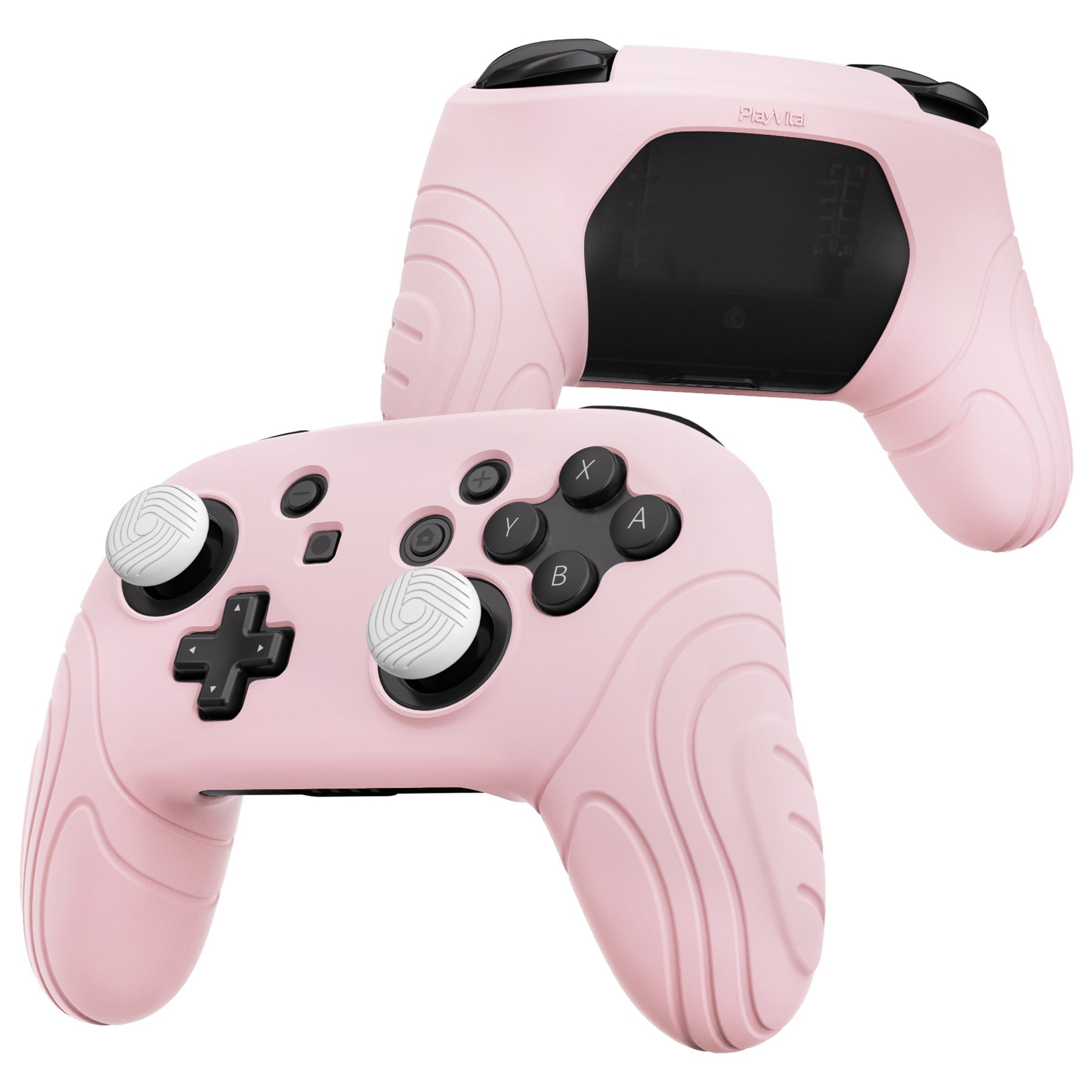 PlayVital Samurai Edition Ergonomic Anti-slip Silicone Skin Protective Case with Thumb Grip Caps for Nintendo Switch Pro Controller - Cherry Blossoms Pink - EBNPP011 PlayVital