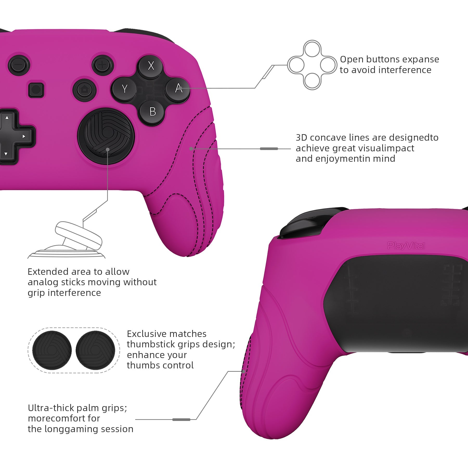 PlayVital Samurai Edition Ergonomic Silicone Skin Protective Case for Nintendo Switch Pro Controller, Soft Anti-slip Controller Grip Protector for Nintendo Switch Pro with Thumb Grip Caps - Neon Purple - EBNPP010 PlayVital