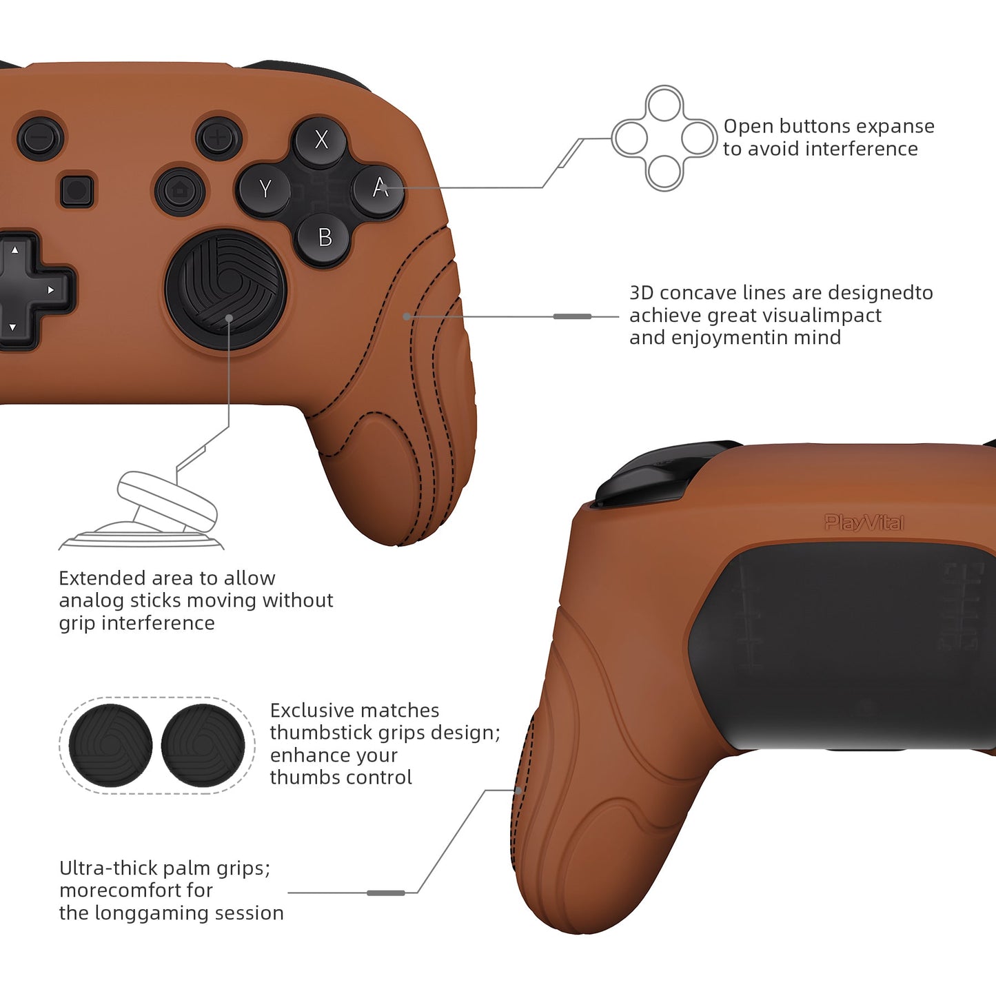 PlayVital Samurai Edition Ergonomic Silicone Skin Protective Case for Nintendo Switch Pro Controller, Soft Anti-slip Controller Grip Protector for Nintendo Switch Pro with Thumb Grip Caps - Signal Brown - EBNPP009 PlayVital