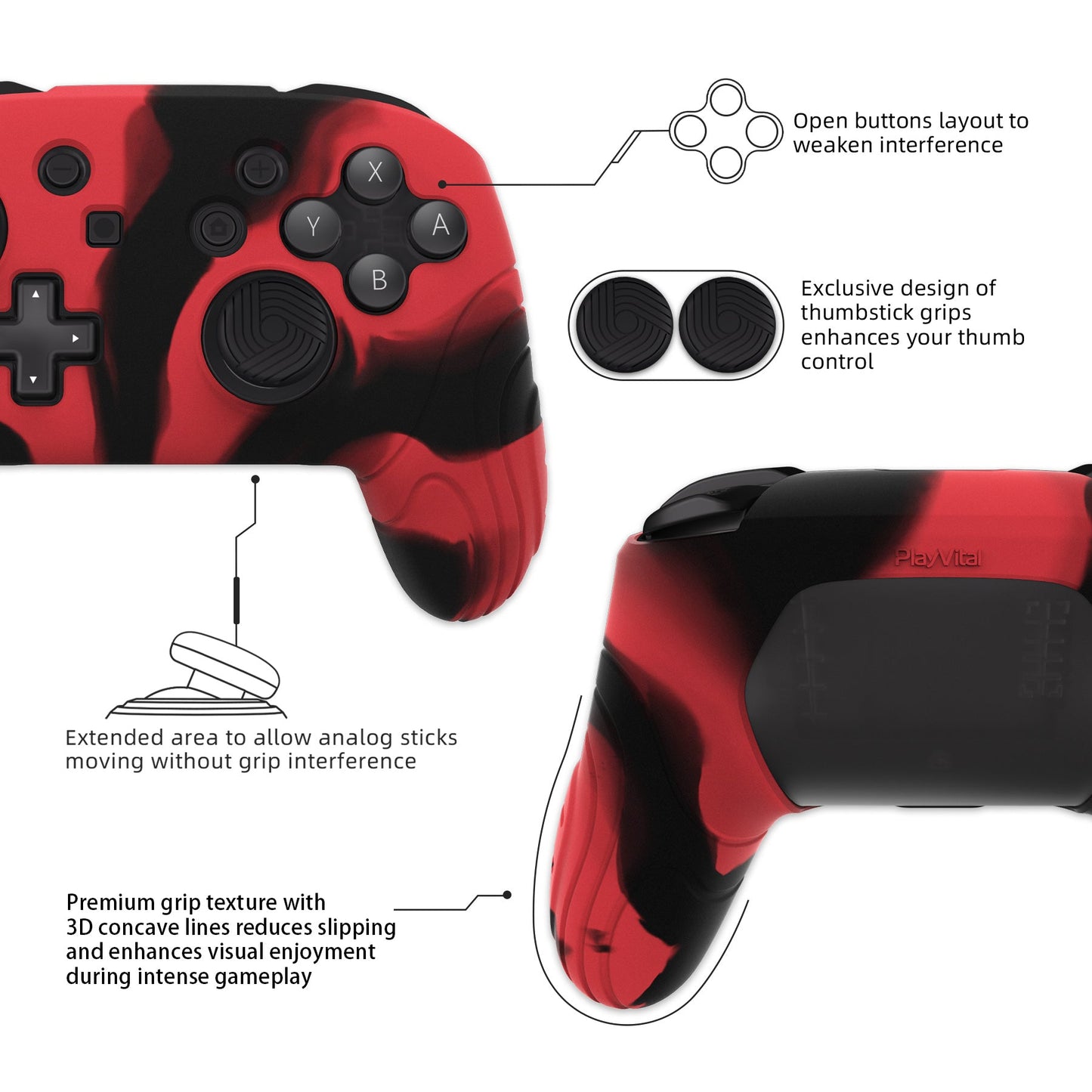 PlayVital Samurai Edition Ergonomic Anti-slip Silicone Skin Protective Case with Thumb Grip Caps for Nintendo Switch Pro Controller - Red & Black - EBNPP012 PlayVital