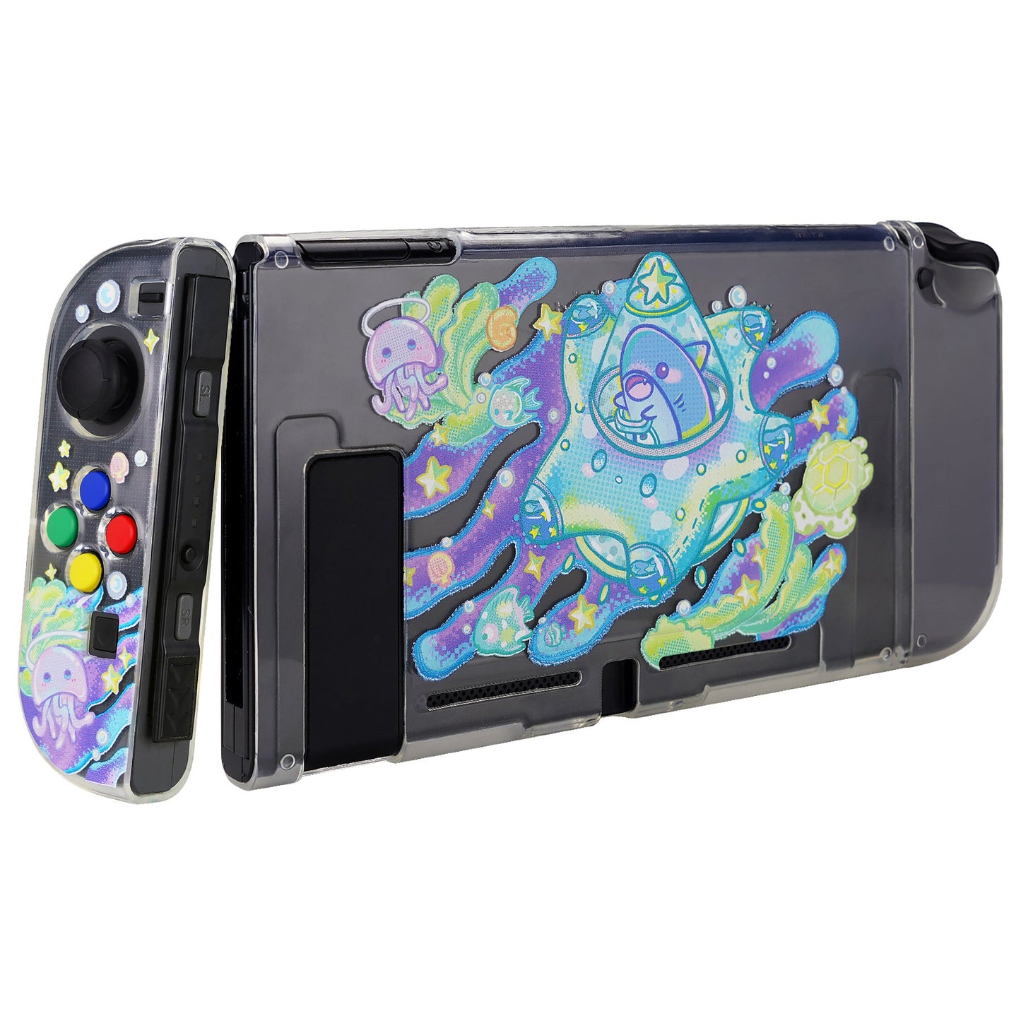 PlayVital Protective Case for Nintendo Switch, Soft TPU Slim Case Cover for Nintendo Switch Joycon Console with Colorful ABXY Direction Button Caps - Shark Quest - NTU6035 PlayVital