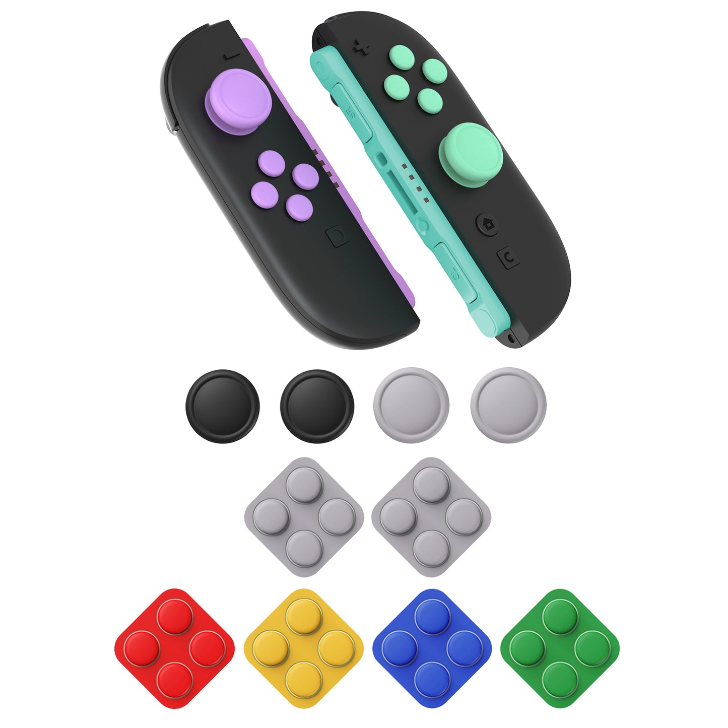 PlayVital Nintendo Switch 2（2025）対応 シリコンボタンカバー＆親指グリップセット Joycon2対応 ABXY・方向ボタン用カラフルキャップ8個＆ジョイスティックカバー4個セット【ソフトバイオレット・ミントグリーン・ブラック・グレー】