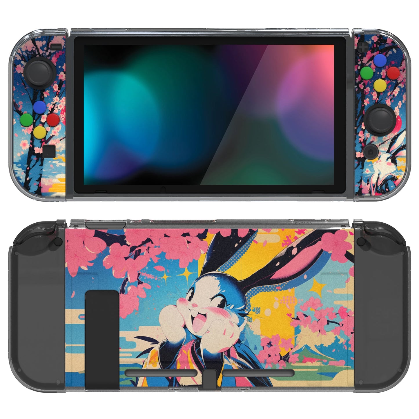 PlayVital Soft TPU Slim Protective Case with Colorful ABXY Direction Button Caps for NS Switch - Blossom POP Bunny - NTU6044G2 PlayVital