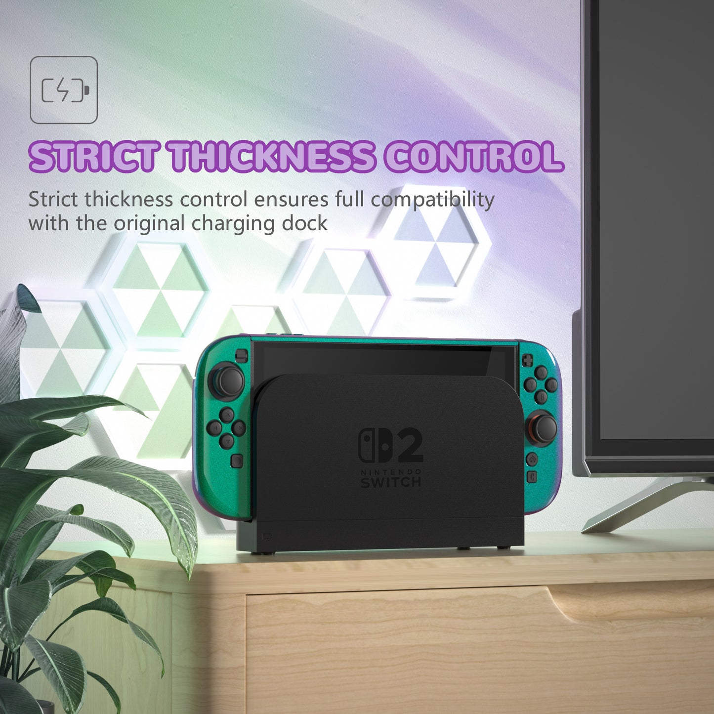 PlayVital Nintendo Switch 2（2025）対応ハードカバー 保護ケース 付けたままドックに対応 折りたたみ式スタンド＆親指グリップ付き【カメレオングリーンパープル】