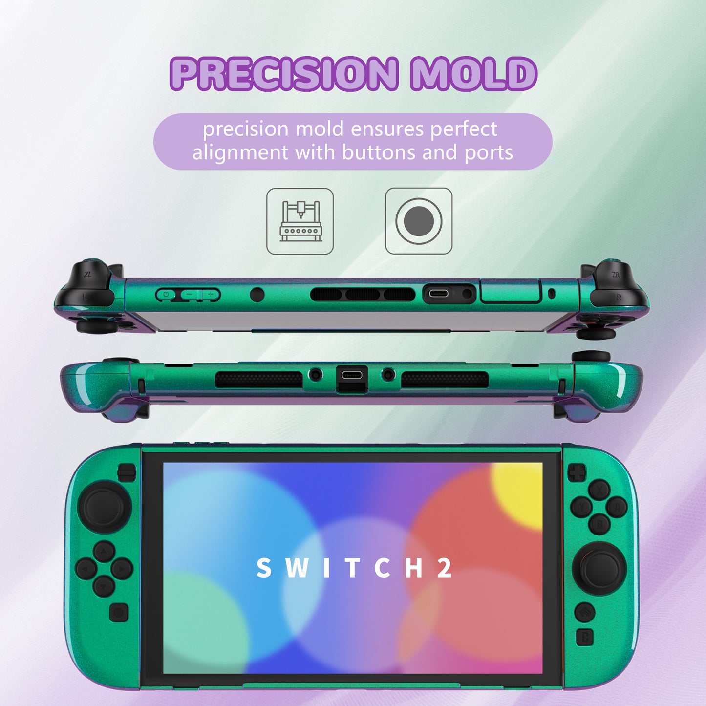 PlayVital Nintendo Switch 2（2025）対応ハードカバー 保護ケース 付けたままドックに対応 折りたたみ式スタンド＆親指グリップ付き【カメレオングリーンパープル】