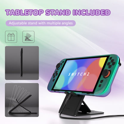 PlayVital Nintendo Switch 2（2025）対応ハードカバー 保護ケース 付けたままドックに対応 折りたたみ式スタンド＆親指グリップ付き【カメレオングリーンパープル】