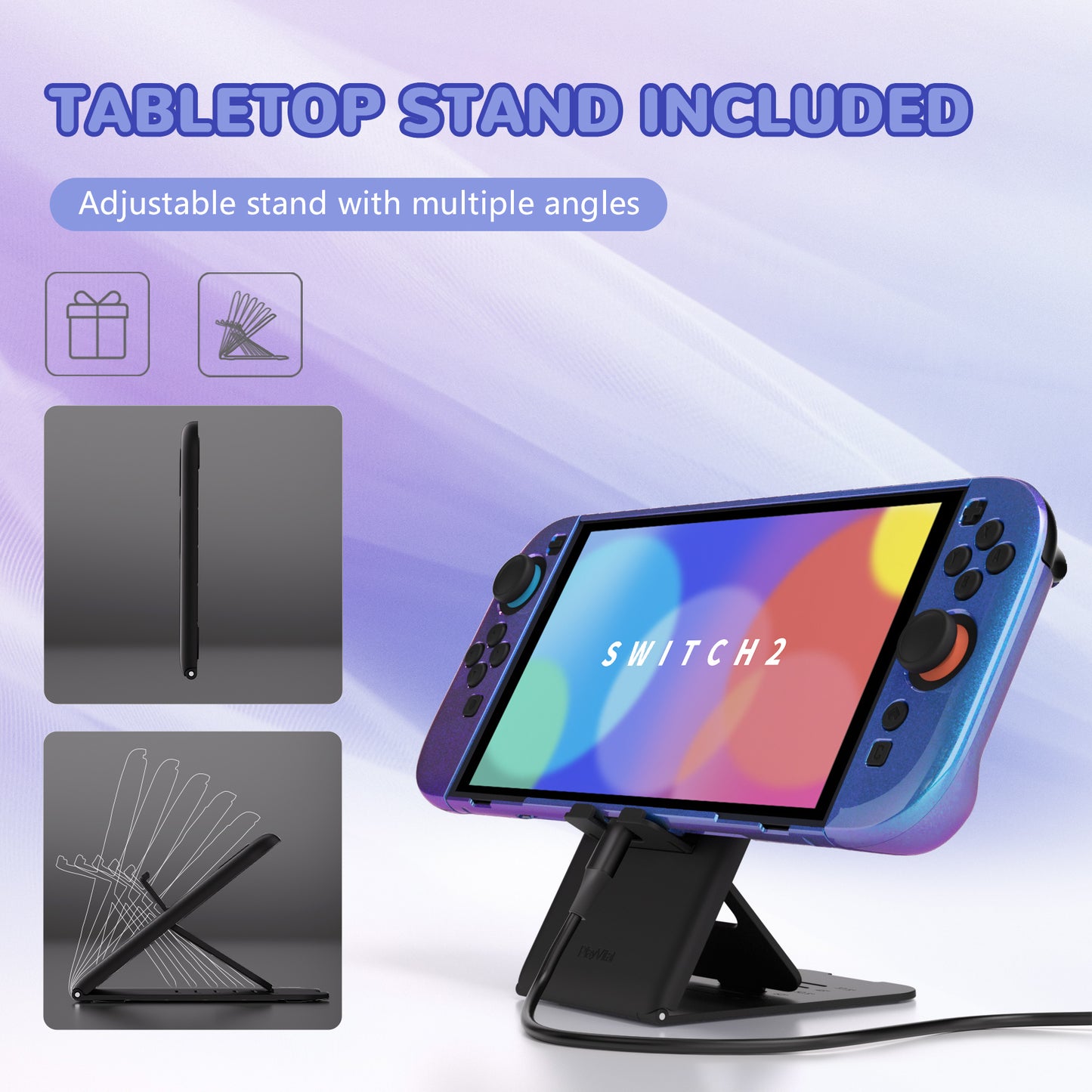 PlayVital Nintendo Switch 2（2025）対応ハードカバー 保護ケース 付けたままドックに対応 折りたたみ式スタンド＆親指グリップ付き【カメレオンパープルブルー】