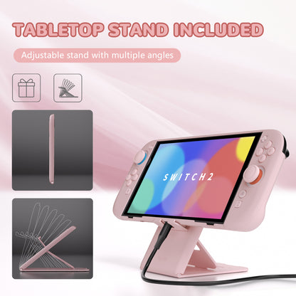PlayVital Nintendo Switch 2（2025）対応ハードカバー 保護ケース 付けたままドックに対応 折りたたみ式スタンド＆親指グリップ付き【ピンク】