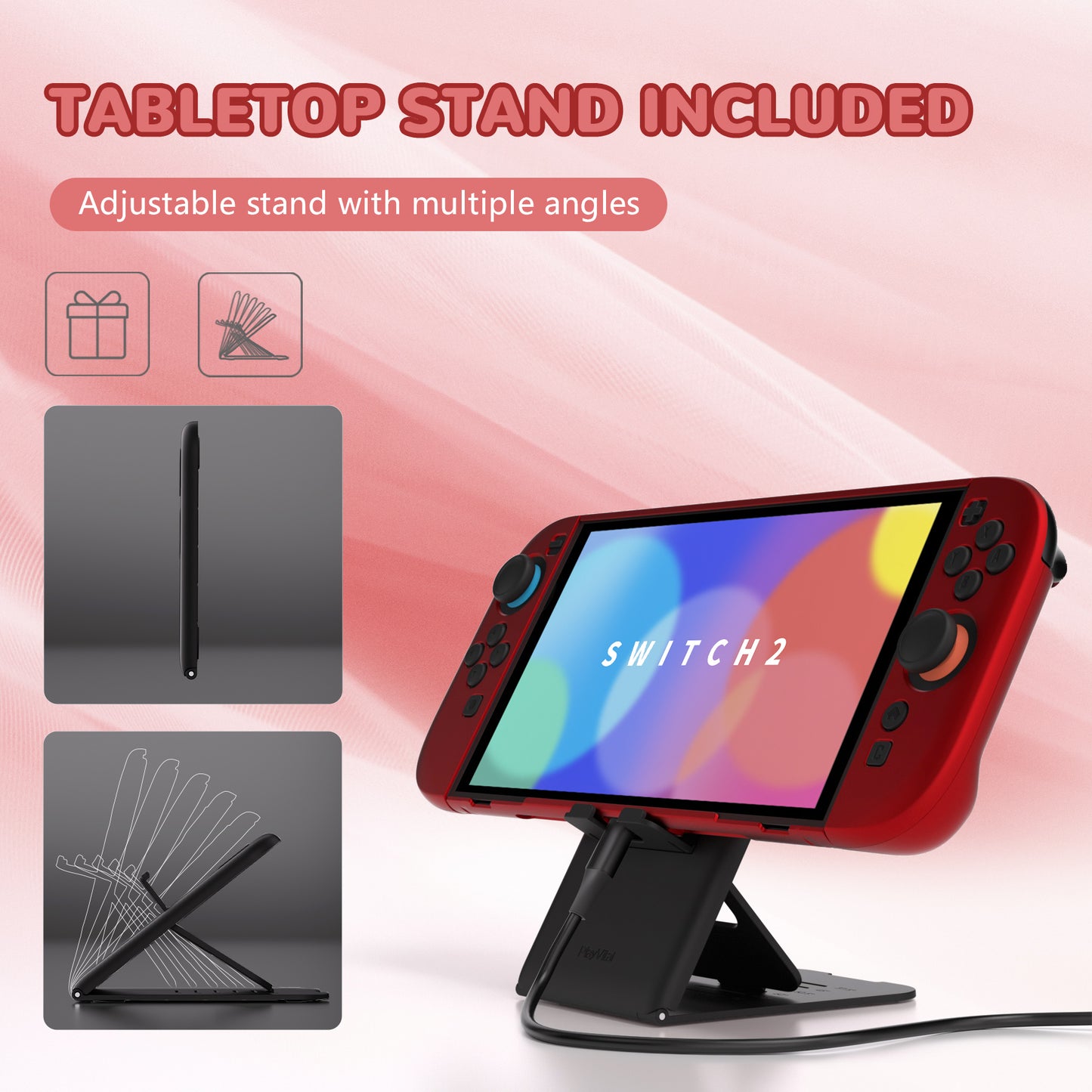 PlayVital Nintendo Switch 2（2025）対応ハードカバー 保護ケース 付けたままドックに対応 折りたたみ式スタンド＆親指グリップ付き【スカーレットレッド】