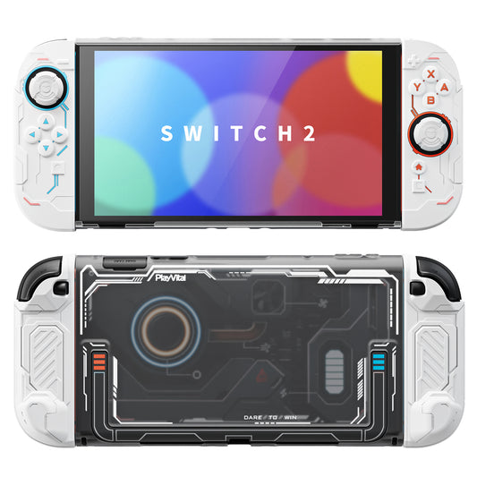 PlayVital ステラメカ 保護ケース Nintendo Switch 2 用 人間工学設計 滑り止めシリコングリップ ドック対応ハードケース ジョイスティックキャップ＆ステッカー付き 【ホワイト】