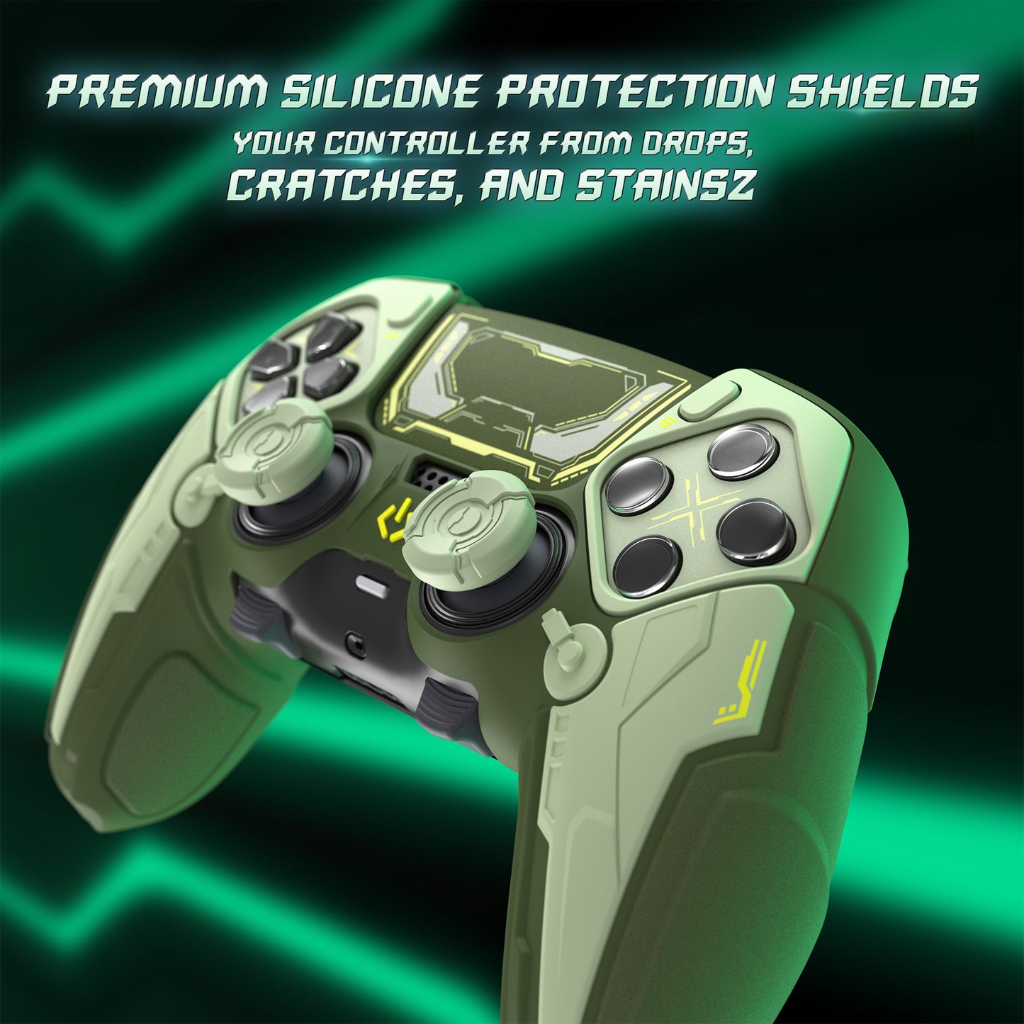 PlayVital メカニカル シリーズ PS5 Edge コントローラー用 シリコンケース ジョイスティックキャップ＆ステッカー付き 滑り止め グリップカバーv【グリーン】