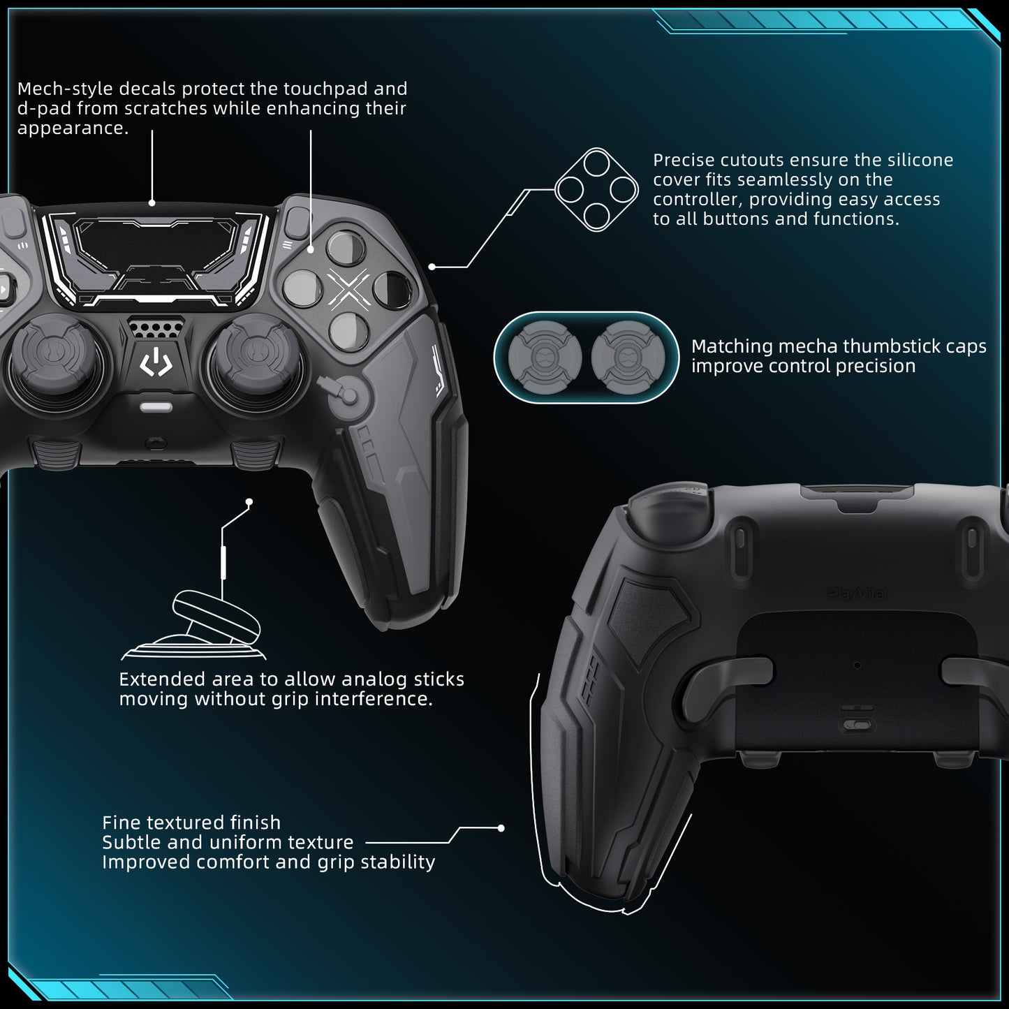 PlayVital メカニカル シリーズ PS5 Edge コントローラー用 シリコンケース ジョイスティックキャップ＆ステッカー付き 滑り止め グリップカバー 【グレー】
