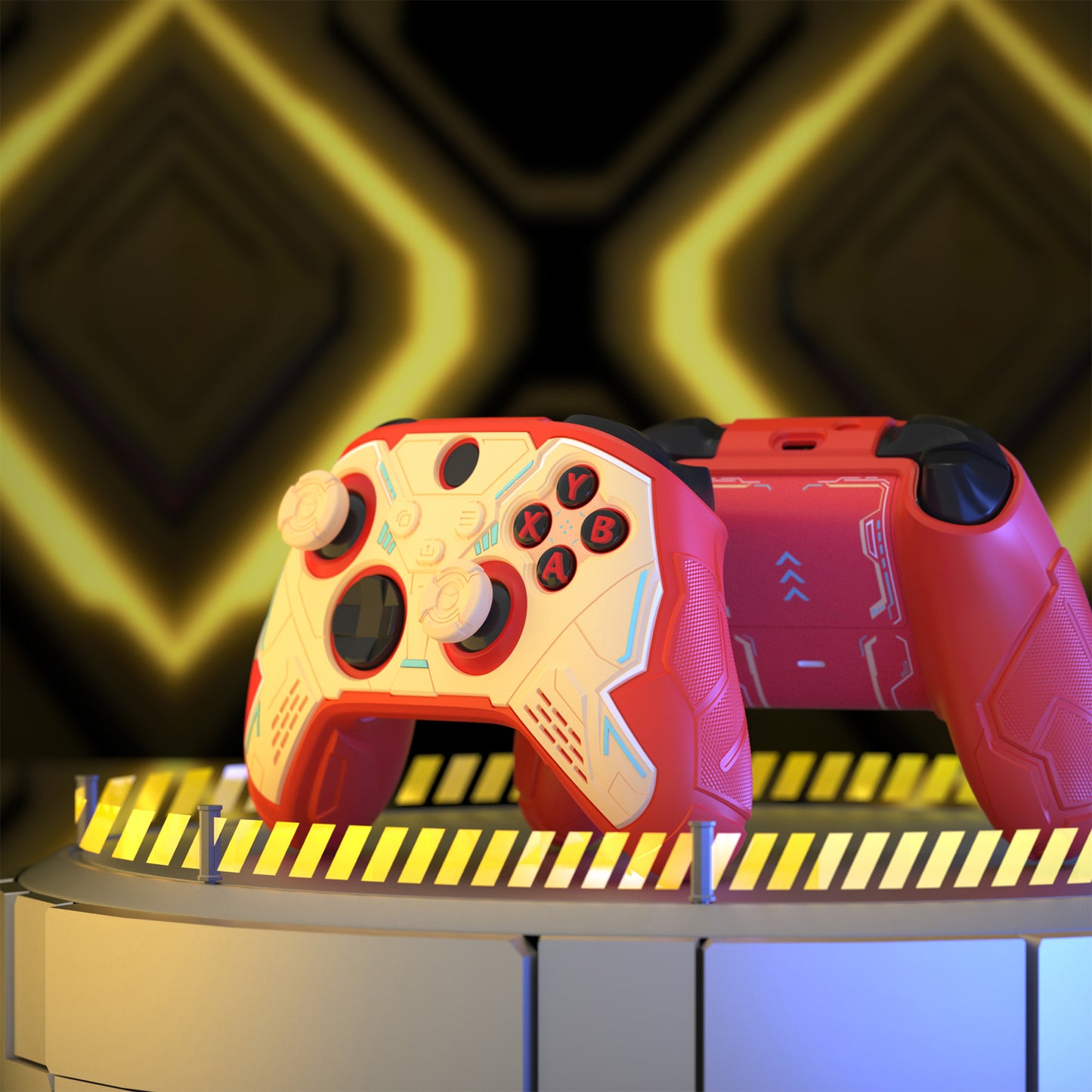 PlayVital Stellar Mecha シリコンカバー スキン for Xbox Series X/S コントローラー サムグリップ & ステッカー付／滑り止めグリッププロテクター【クリムゾンレッド＆アイアンイエロー】