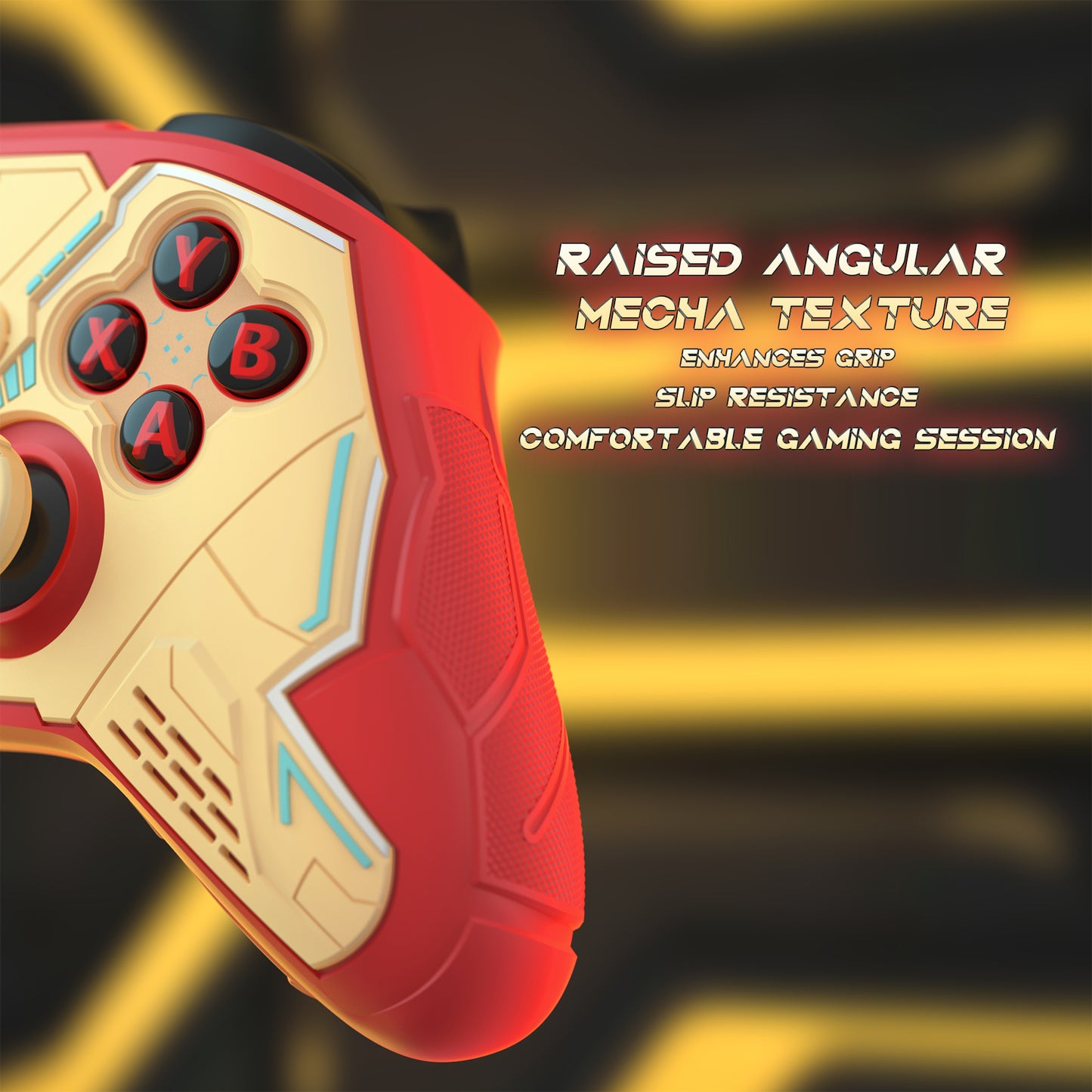 PlayVital Stellar Mecha シリコンカバー スキン for Xbox Series X/S コントローラー サムグリップ & ステッカー付／滑り止めグリッププロテクター【クリムゾンレッド＆アイアンイエロー】