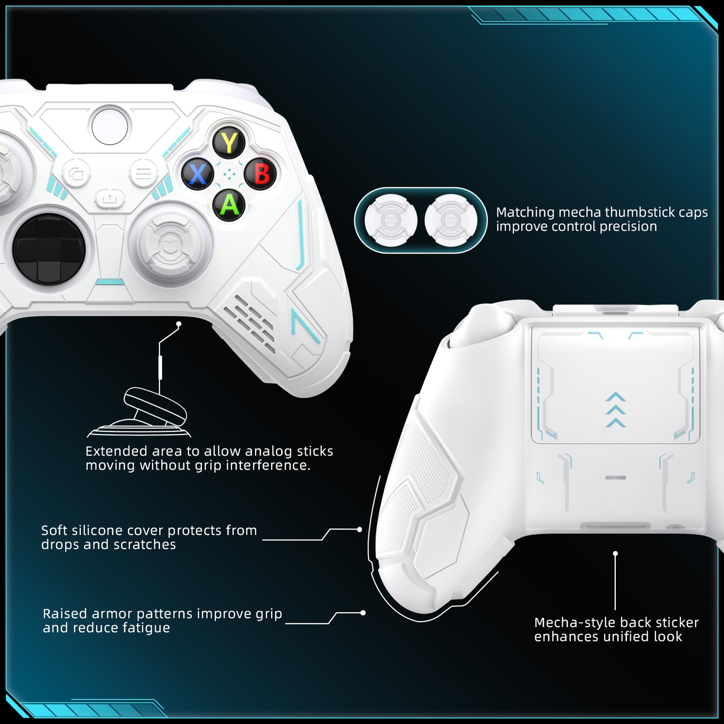 PlayVital Stellar Mecha シリコンカバー スキン for Xbox Series X/S コントローラー サムグリップ & ステッカー付／滑り止めグリッププロテクター【ホワイト＆フロストグレー】