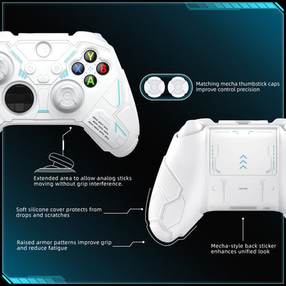 PlayVital Stellar Mecha シリコンカバー スキン for Xbox Series X/S コントローラー サムグリップ & ステッカー付／滑り止めグリッププロテクター【ホワイト＆フロストグレー】