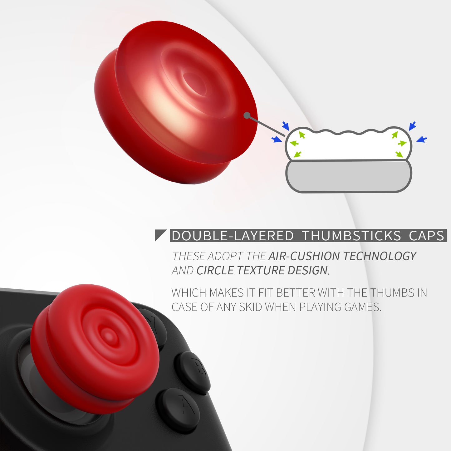 PlayVital サムクッションキャップ サムグリップ (4個入り) Steam Deck LCD & OLED 用 高さアップジョイスティックカバー 滑り止めテクスチャー付き スチームデック用アクセサリー アナログスティック保護【レッド】