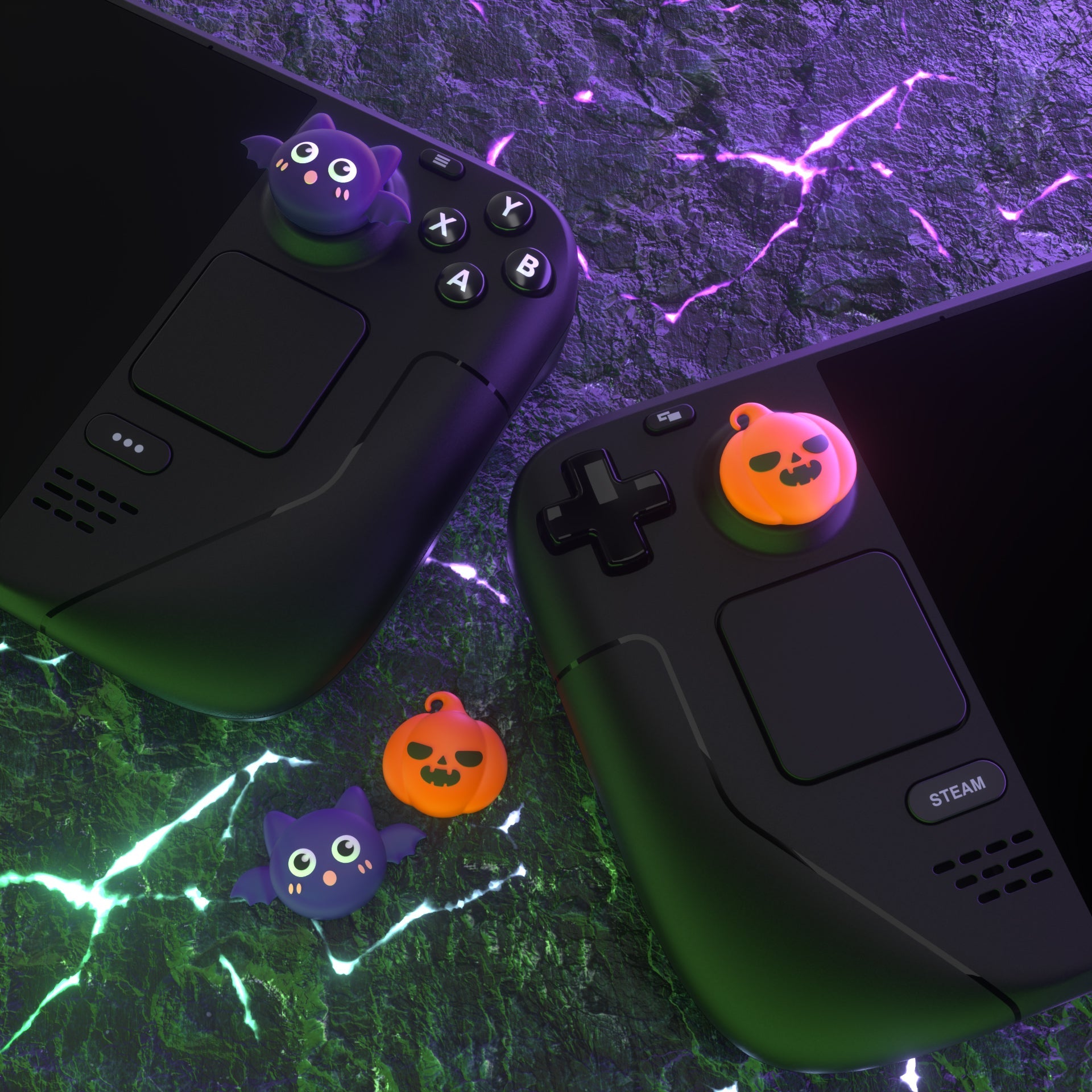 PlayVital Thumb Grip Caps for Steam Deck LCD, Silicone Thumbsticks Grips Joystick Caps for Steam Deck OLED - Halloween Pumpkin Bat - YFSDM025 PlayVital