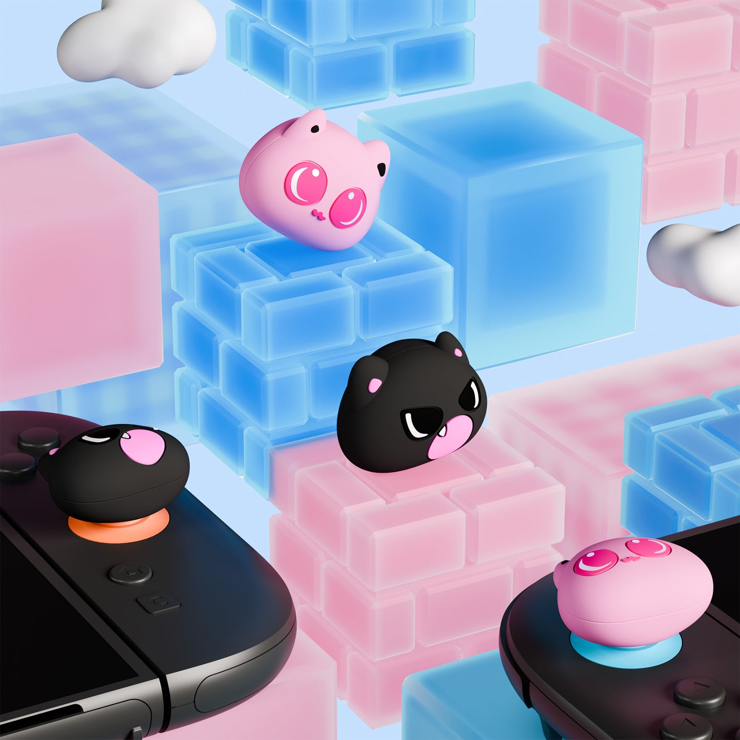 PlayVital 親指クッションキャップ サムグリップ (4個セット) Switch 2 用 疲労軽減デザイン 可愛いシリコン製ジョイスティックグリップカバー Nintendo Switch 2 Joy-Con 用【PP & VV 子猫デザイン】