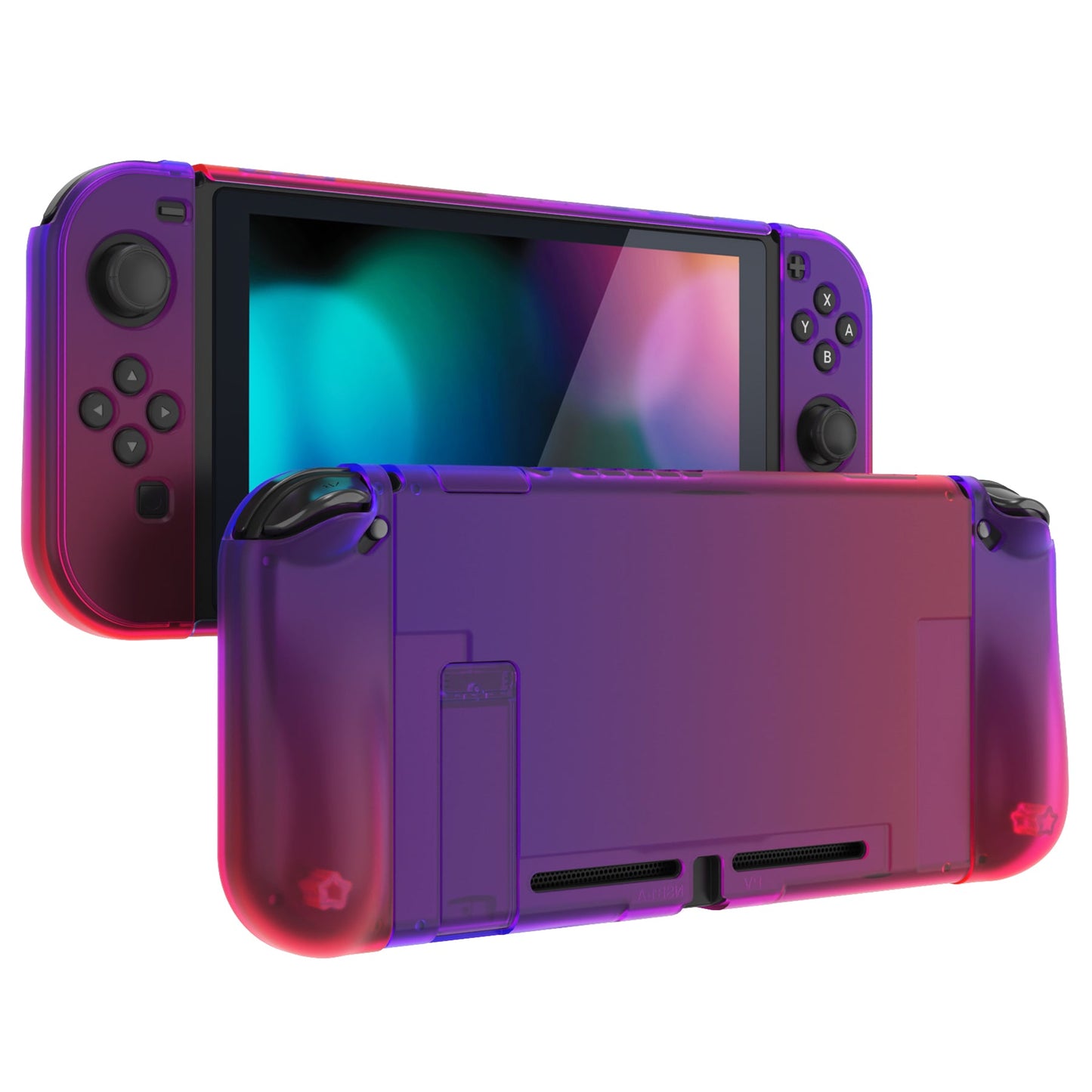 PlayVital UPGRADED Dockable Hard Shell Protective Case for NS Switch - Clear Atomic Purple Rose Red - ANSP3008 PlayVital