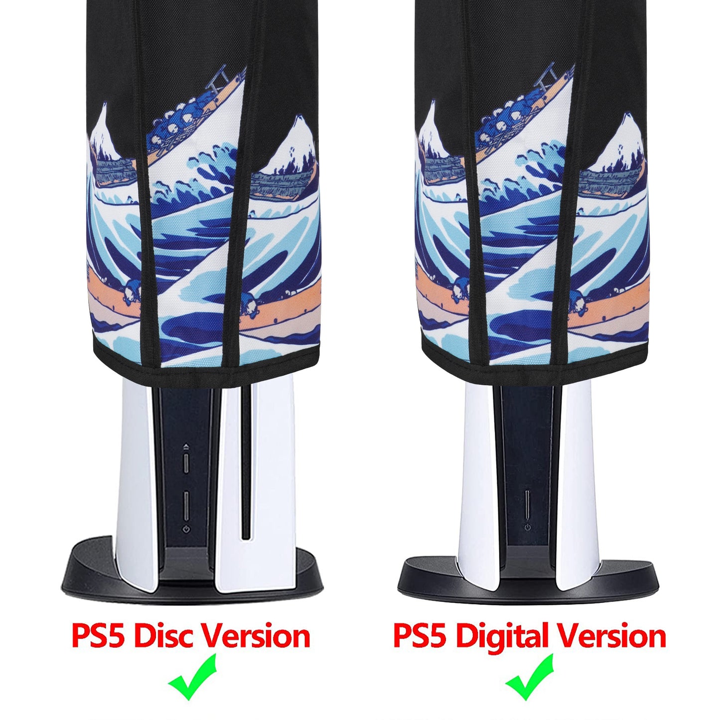 PlayVital 縦式 傷防止 防水 ナイロン ダストカバー PS5 コンソール デジタル版 & ディスク版用【ザ・グレートウェーブ ＆ ブラック】