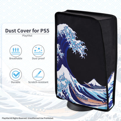 PlayVital 縦式 傷防止 防水 ナイロン ダストカバー PS5 コンソール デジタル版 & ディスク版用【ザ・グレートウェーブ ＆ ブラック】