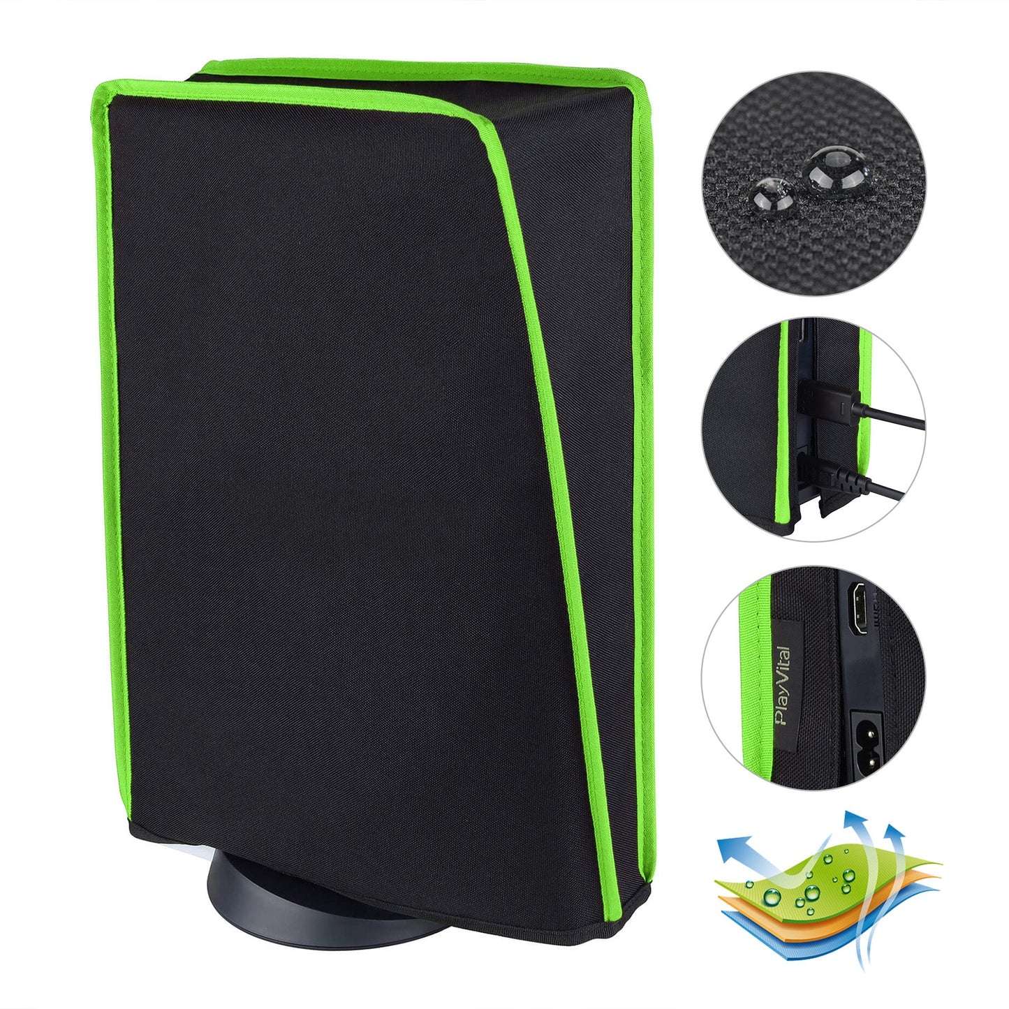 PlayVital Vertical Black & Neon Green Trim Anti Scratch Waterproof Dust Cover for ps5 Console Digital Edition & Disc Edition - PFPJ012 PlayVital