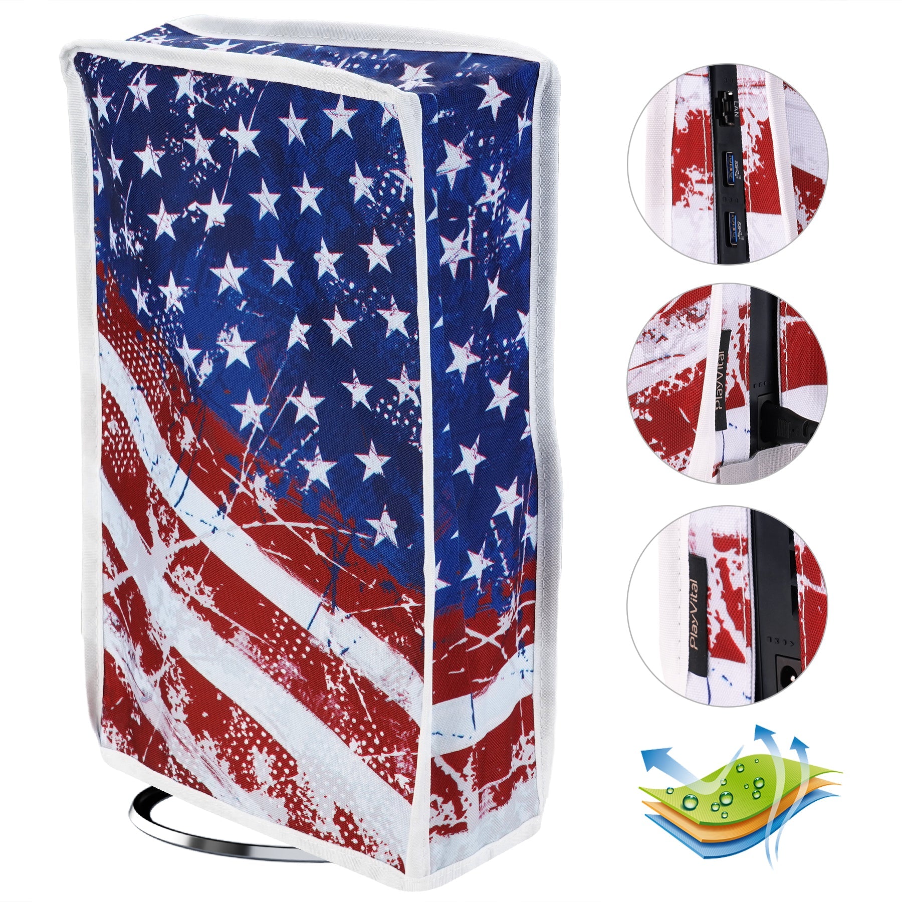 PlayVital Vertical Dust Cover for ps5 Slim Disc Edition(The New Smaller Design), Nylon Dust Proof Protector Waterproof Cover Sleeve for ps5 Slim Console - Impression US Flag - BMYPFH007 PlayVital