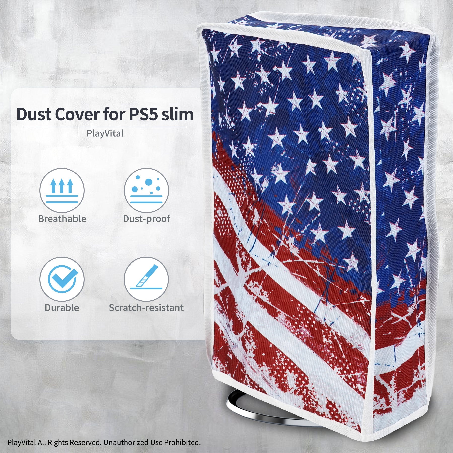 PlayVital Vertical Dust Cover for ps5 Slim Disc Edition(The New Smaller Design), Nylon Dust Proof Protector Waterproof Cover Sleeve for ps5 Slim Console - Impression US Flag - BMYPFH007 PlayVital