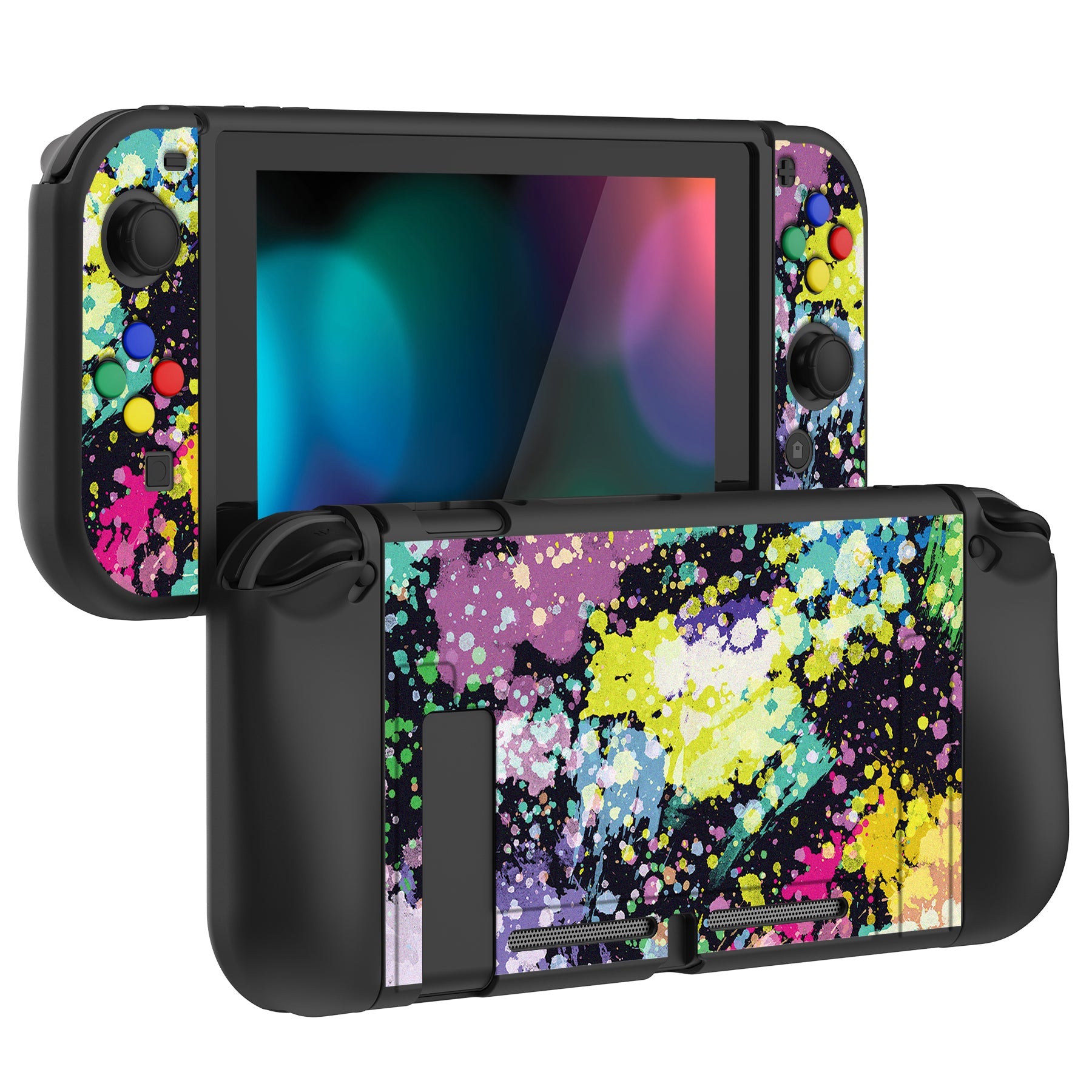 PlayVital Watercolour Splash Protective Case for NS, Soft TPU Slim Case Cover for NS Joycon Console with Colorful ABXY Direction Button Caps - NTU6016G2 PlayVital