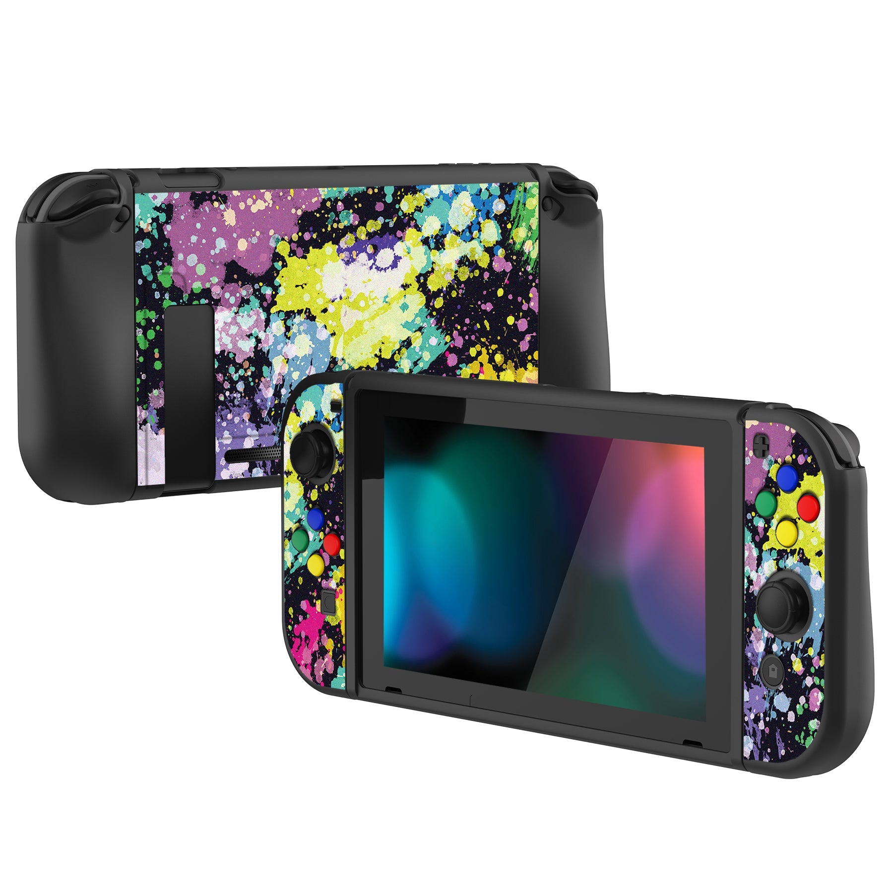 PlayVital Watercolour Splash Protective Case for NS, Soft TPU Slim Case Cover for NS Joycon Console with Colorful ABXY Direction Button Caps - NTU6016G2 PlayVital