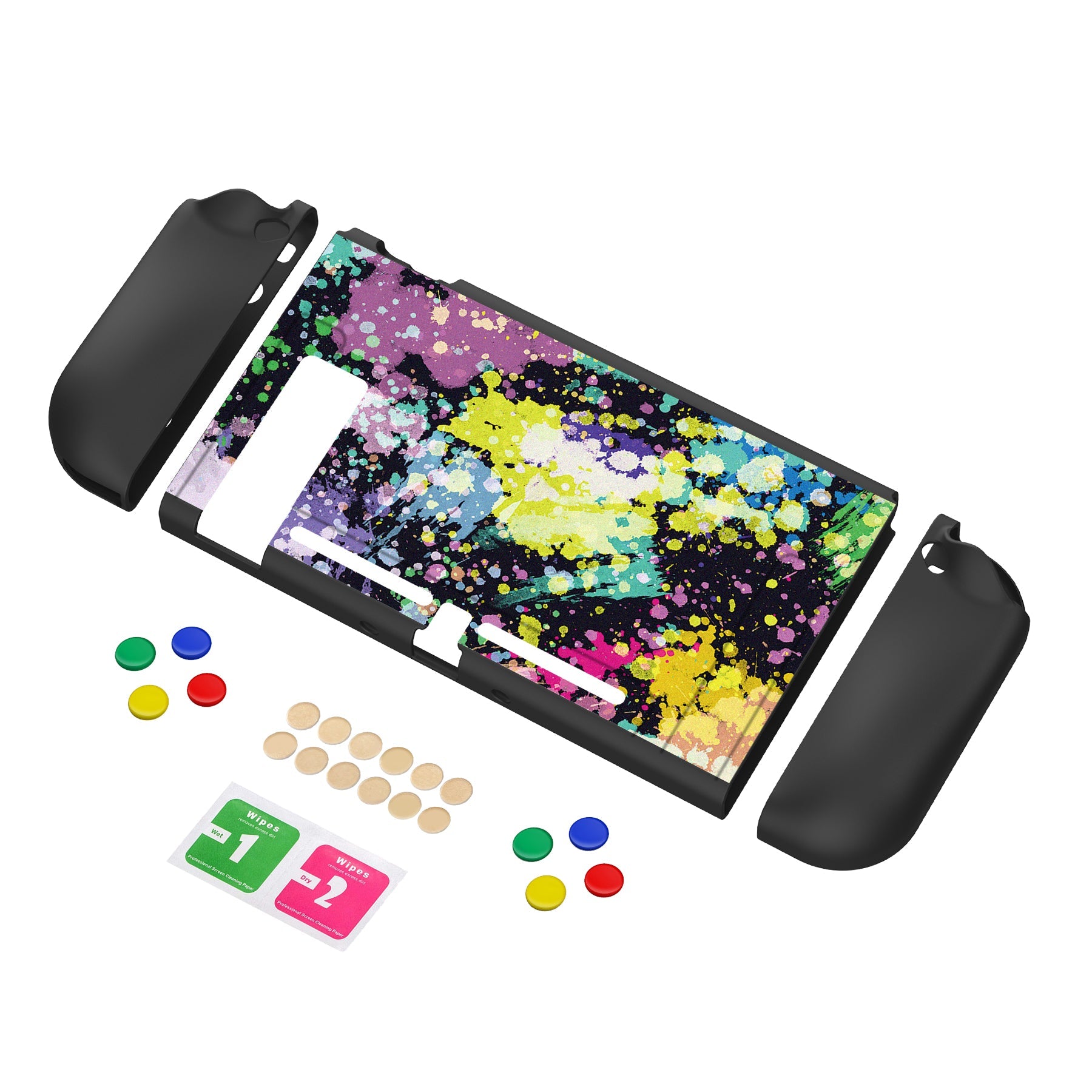 PlayVital Watercolour Splash Protective Case for NS, Soft TPU Slim Case Cover for NS Joycon Console with Colorful ABXY Direction Button Caps - NTU6016G2 PlayVital