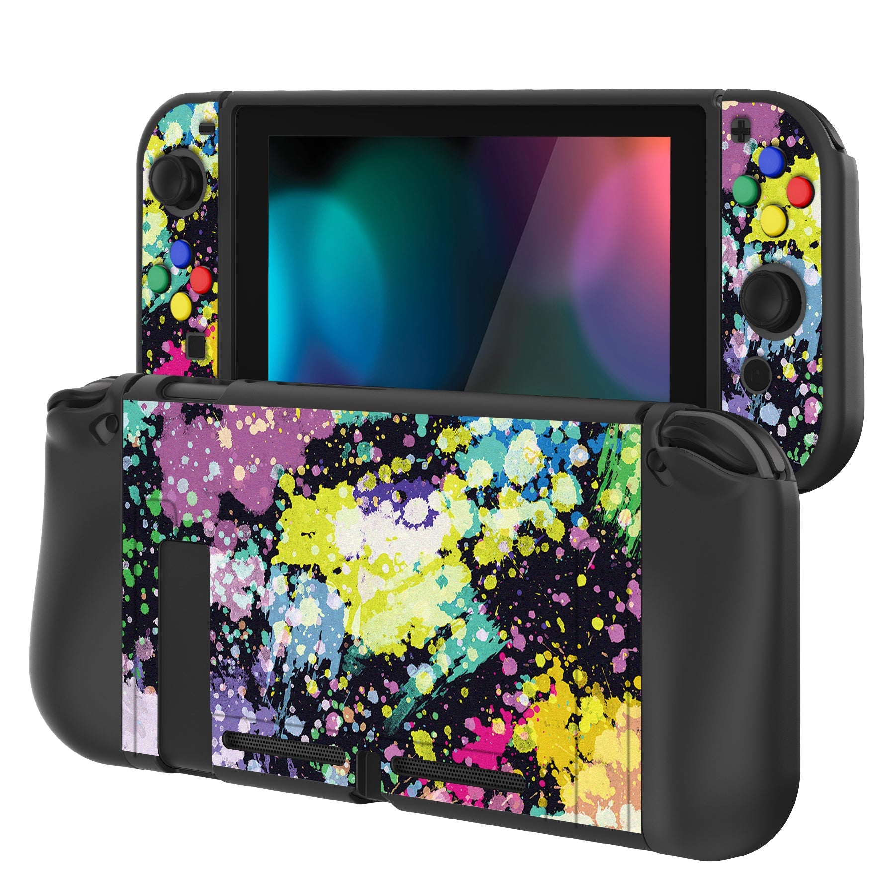 PlayVital Watercolour Splash Protective Case for NS, Soft TPU Slim Case Cover for NS Joycon Console with Colorful ABXY Direction Button Caps - NTU6016G2 PlayVital