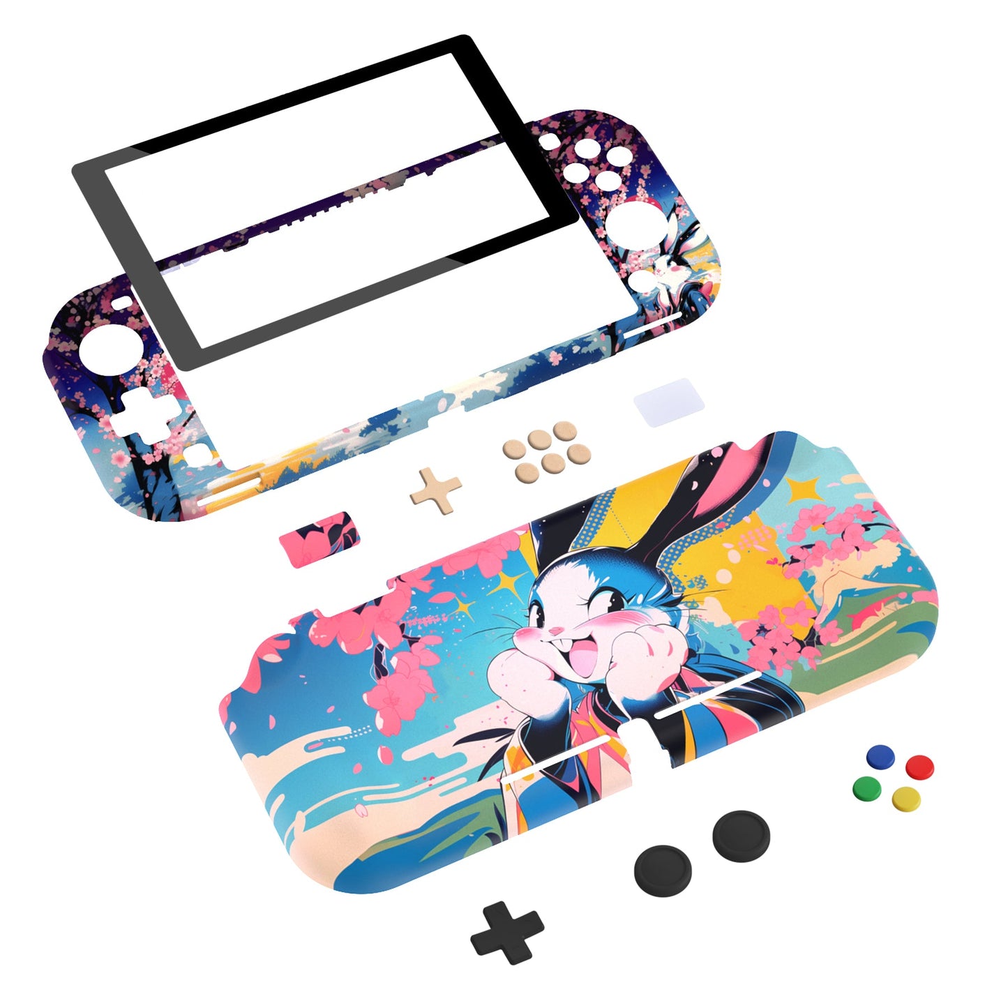 PlayVital ZealProtect Hard Shell Protective Case with Screen Protector & Thumb Grip Caps & Button Caps for NS Switch Lite - Blossom POP Bunny - PSLYR008 playvital