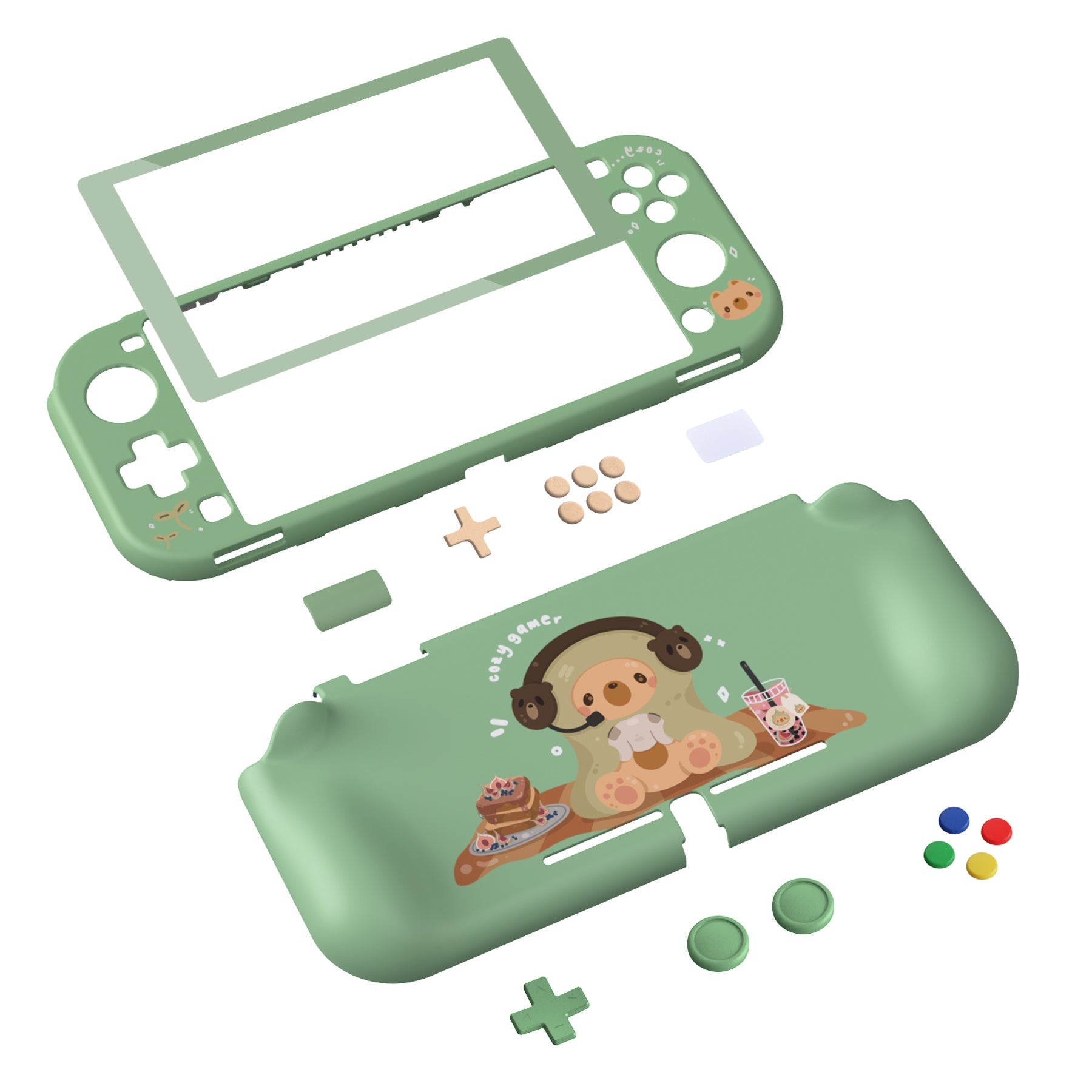 PlayVital ZealProtect Hard Shell Protective Case with Screen Protector & Thumb Grip Caps & Button Caps for NS Switch Lite - Cozy Gamer Bear - PSLYR016 playvital