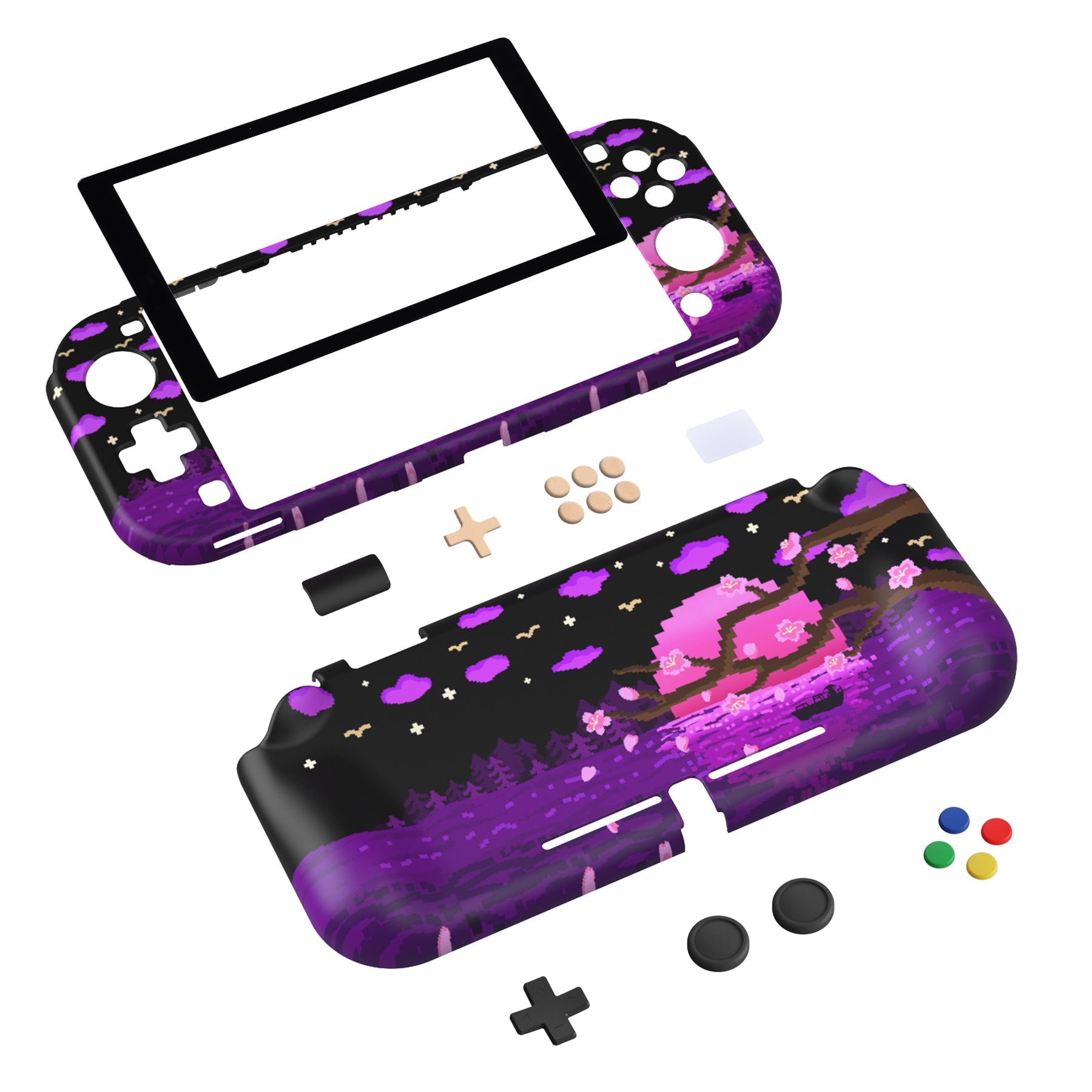 PlayVital ZealProtect Hard Shell Protective Case with Screen Protector & Thumb Grip Caps & Button Caps for NS Switch Lite - Pixel Moon Night - PSLYR015 playvital