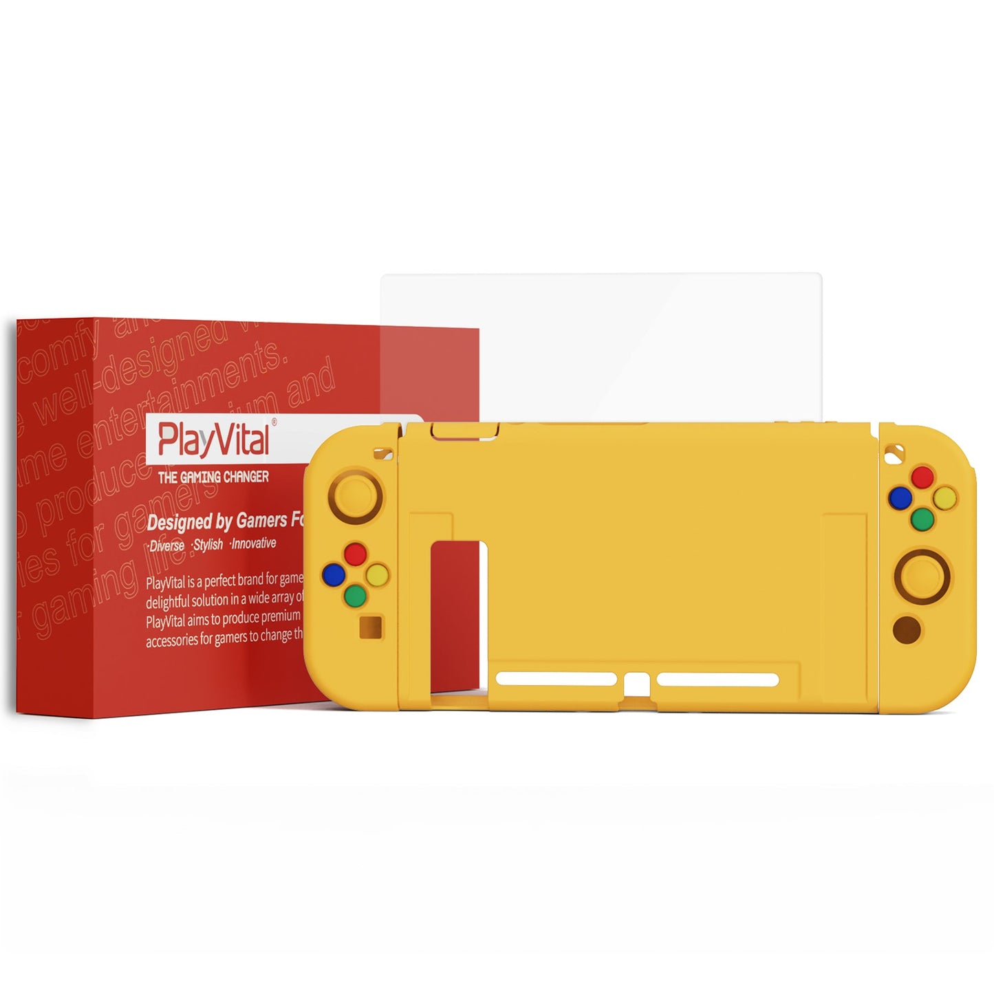 PlayVital ZealProtect Soft Protective Case for Nintendo Switch, Flexible Cover for Switch with Tempered Glass Screen Protector & Thumb Grips & ABXY Direction Button Caps - Bright Yellow - RNSYM5009 playvital