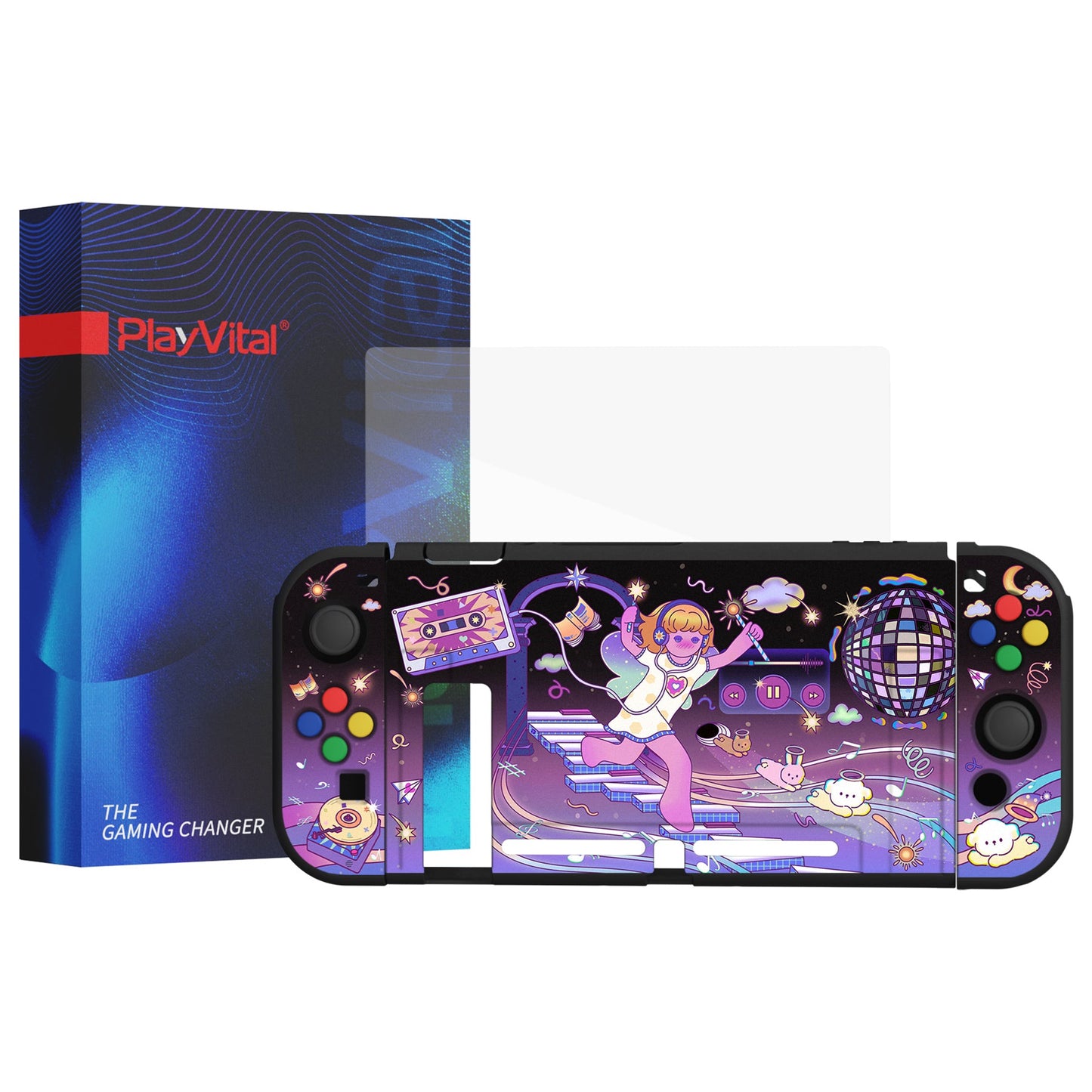 PlayVital ZealProtect Soft Protective Case for Nintendo Switch, Flexible Cover for Switch with Tempered Glass Screen Protector & Thumb Grips & ABXY Direction Button Caps - Dancing Notes - RNSYV6049 playvital