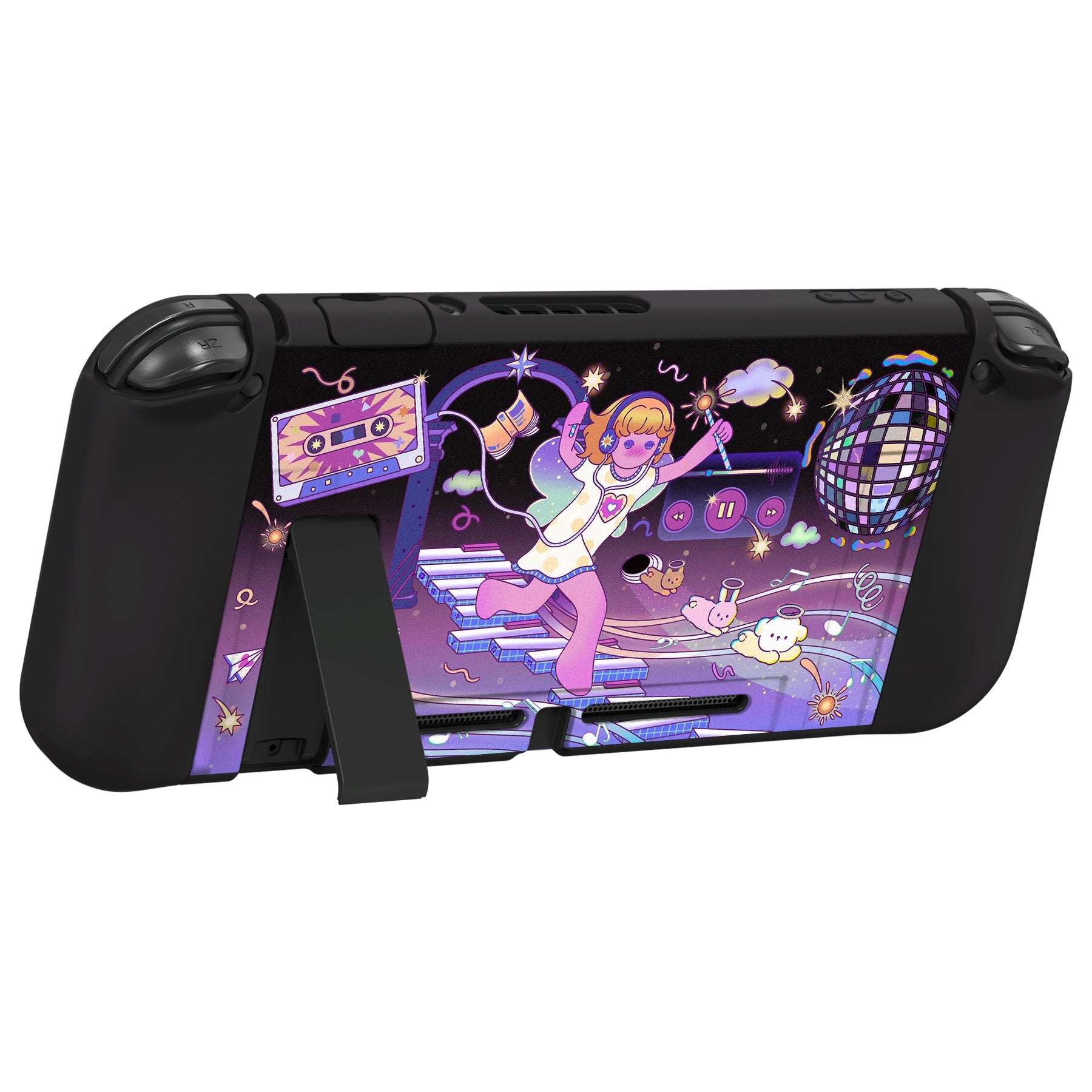 PlayVital ZealProtect Soft Protective Case for Nintendo Switch, Flexible Cover for Switch with Tempered Glass Screen Protector & Thumb Grips & ABXY Direction Button Caps - Dancing Notes - RNSYV6049 playvital