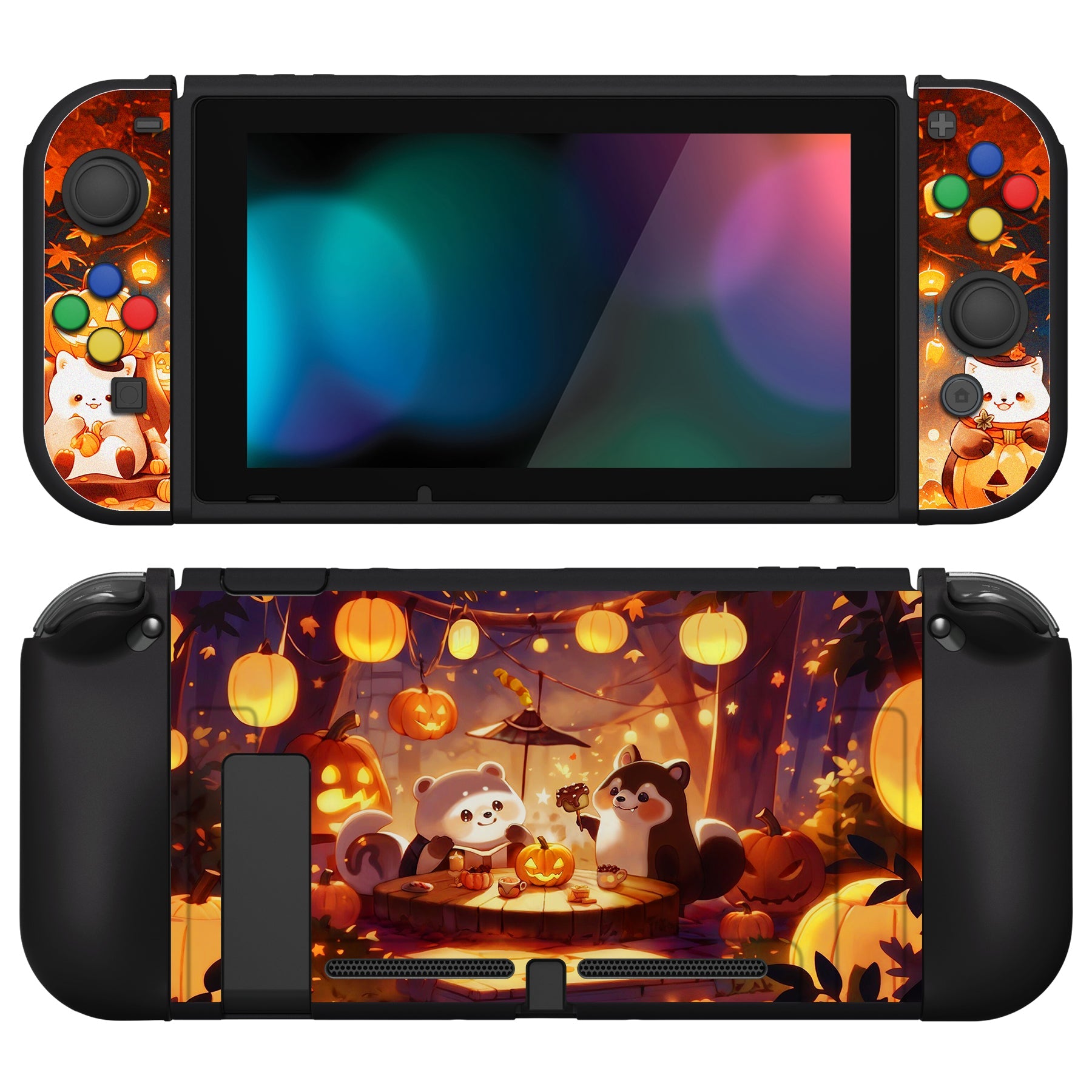 PlayVital ZealProtect Soft Protective Case for Nintendo Switch, Flexible Cover for Switch with Tempered Glass Screen Protector & Thumb Grips & ABXY Direction Button Caps - Halloween Pumpkin Fest - RNSYV6051 playvital