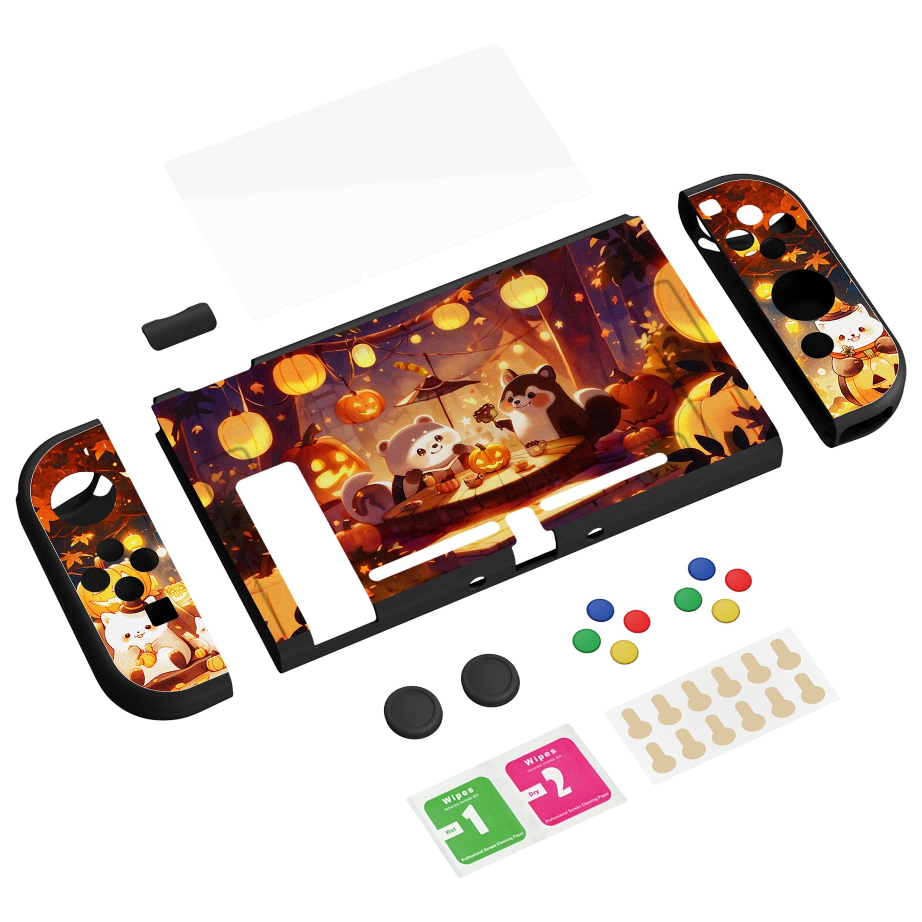 PlayVital ZealProtect Soft Protective Case for Nintendo Switch, Flexible Cover for Switch with Tempered Glass Screen Protector & Thumb Grips & ABXY Direction Button Caps - Halloween Pumpkin Fest - RNSYV6051 playvital