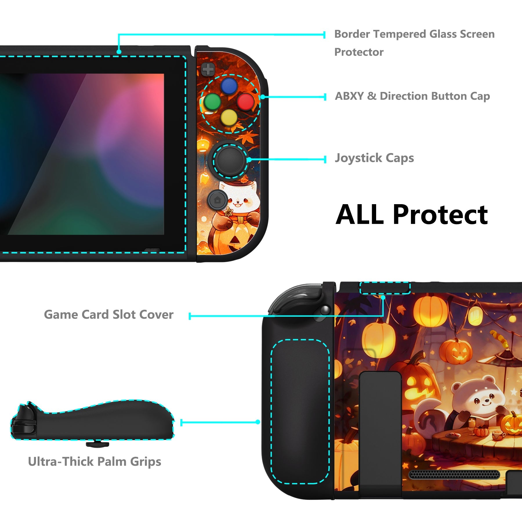 PlayVital ZealProtect Soft Protective Case for Nintendo Switch, Flexible Cover for Switch with Tempered Glass Screen Protector & Thumb Grips & ABXY Direction Button Caps - Halloween Pumpkin Fest - RNSYV6051 playvital