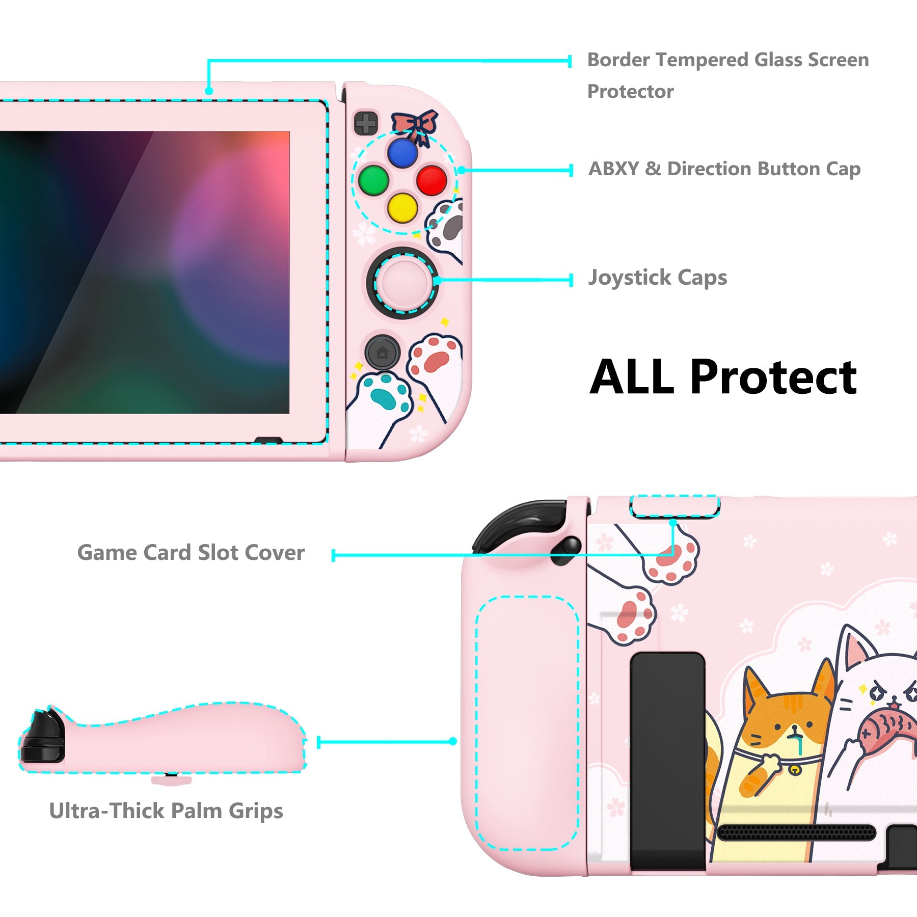 PlayVital ZealProtect Soft Protective Case for Nintendo Switch, Flexible Cover for Switch with Tempered Glass Screen Protector & Thumb Grips & ABXY Direction Button Caps - Hungry Kitties - RNSYV6044 playvital